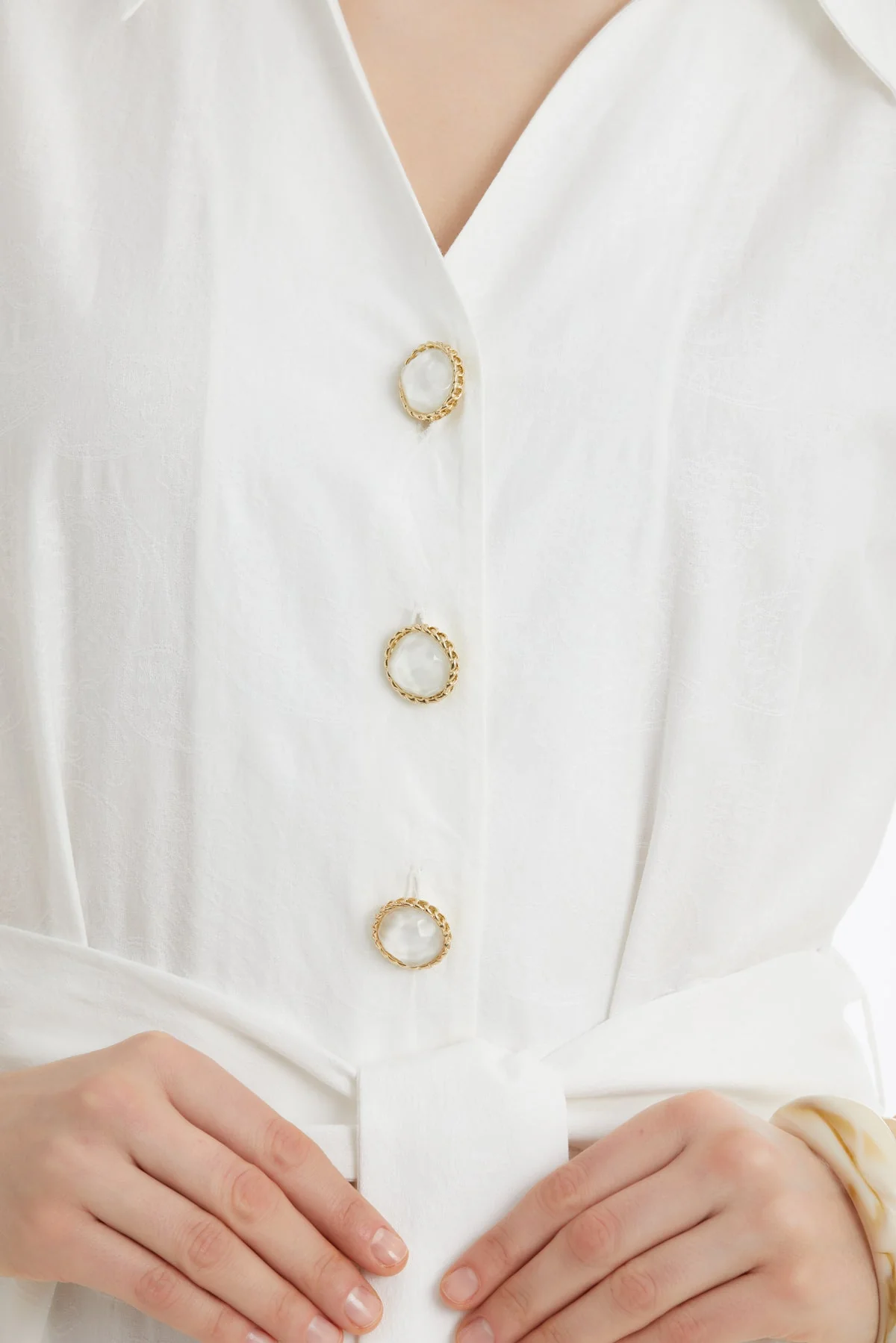 Ecru Gathered Dress with Self-Tie Belt - Image 3