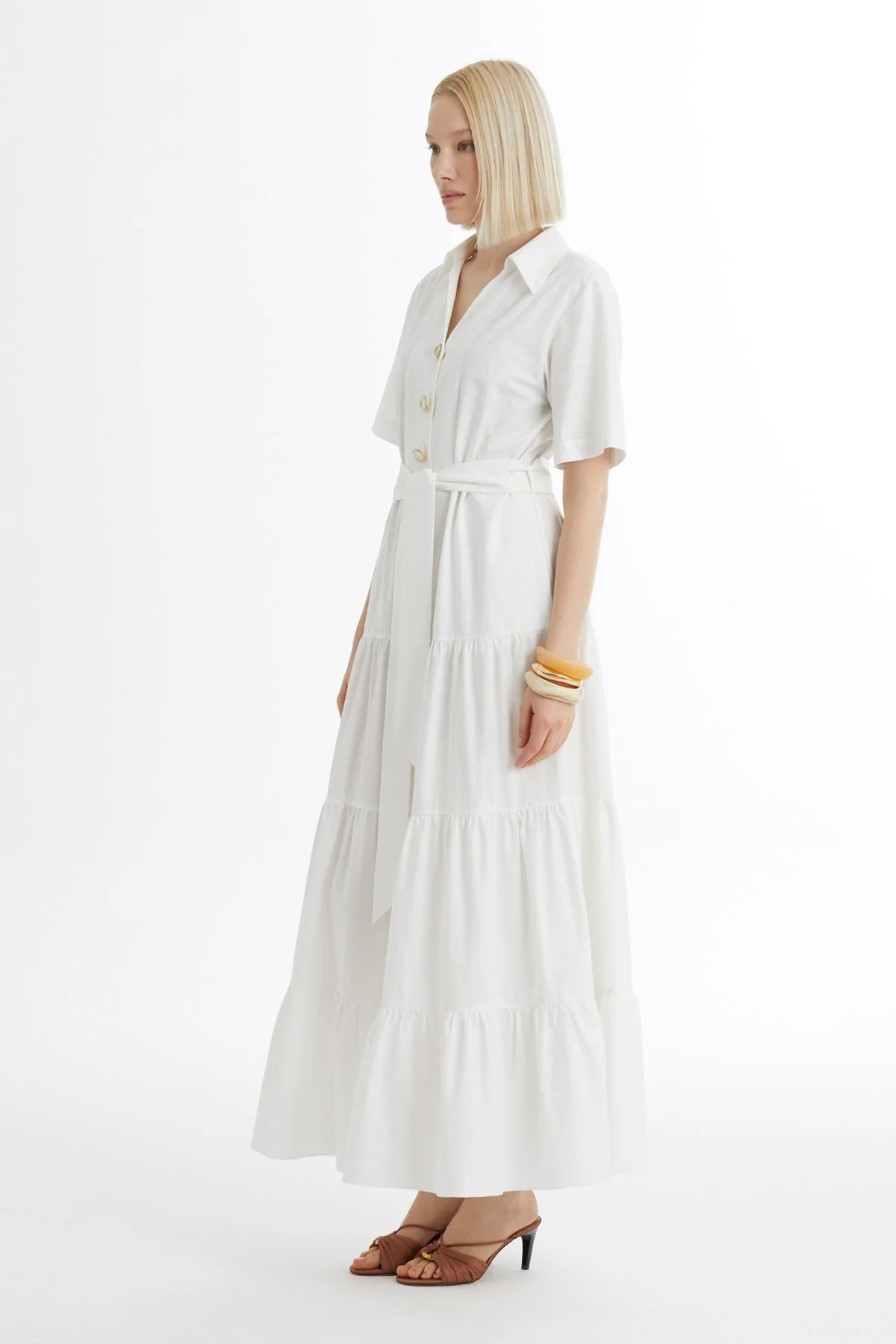 Ecru Gathered Dress with Self-Tie Belt - Image 4
