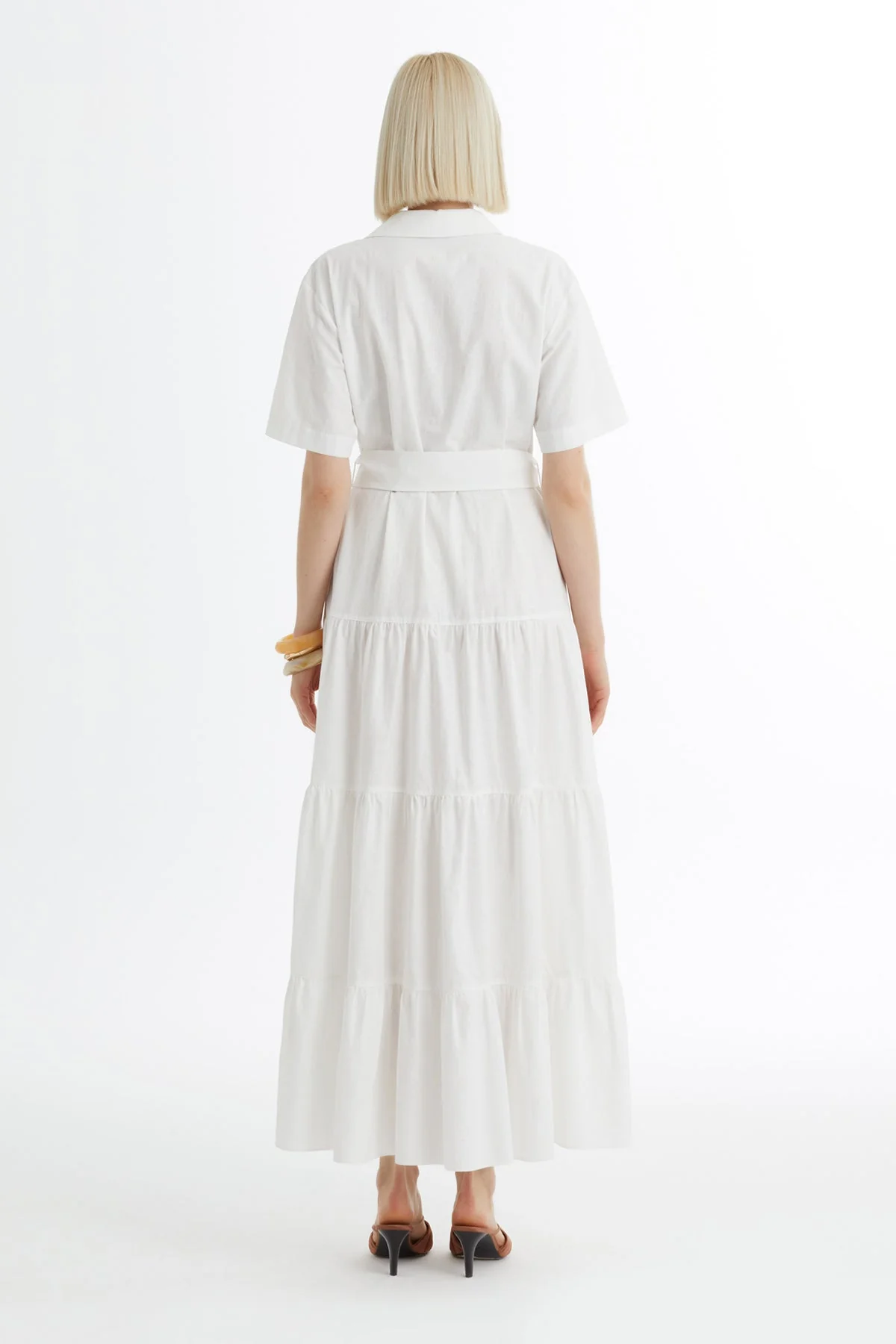 Ecru Gathered Dress with Self-Tie Belt - Image 5