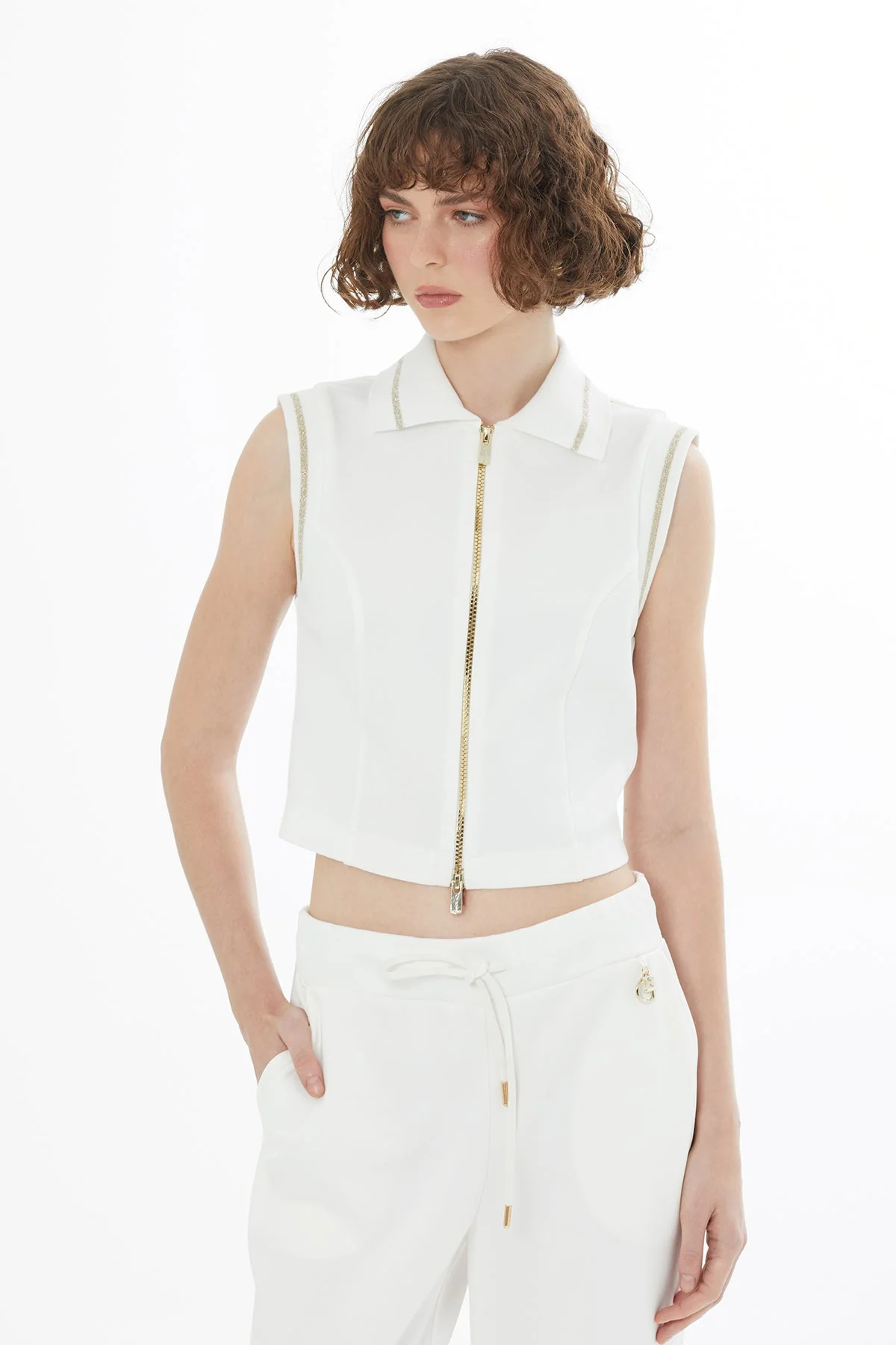 Ecru Knitted Detail Zip T-Shirt - Image 2