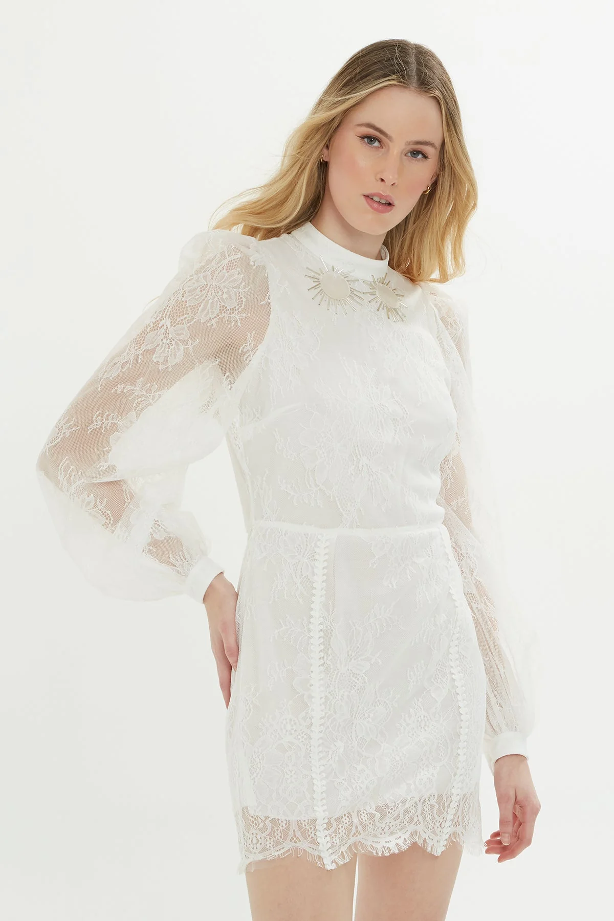 Ecru Lace-Detail Mini Dress - Image 3