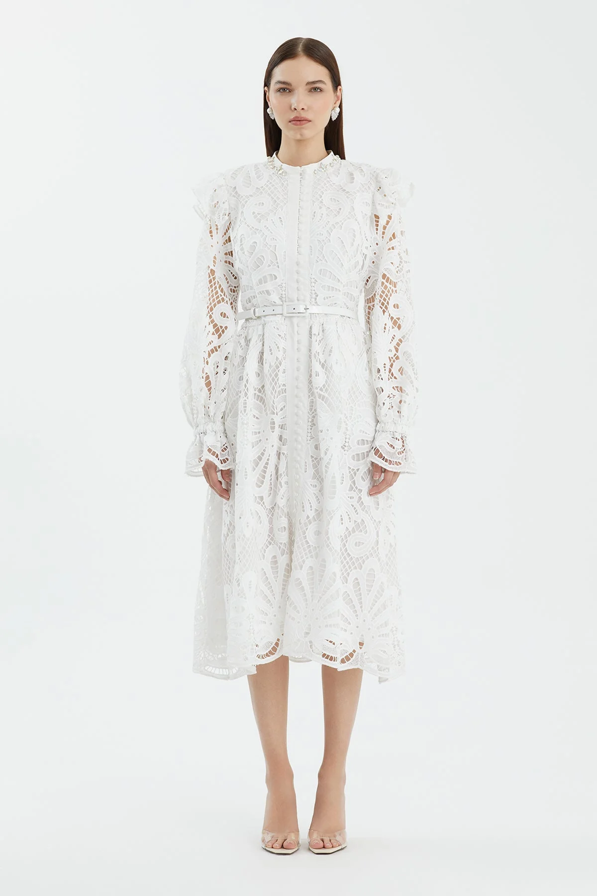 Ecru Leather-Belt Gathered Sleeve Midi Dress