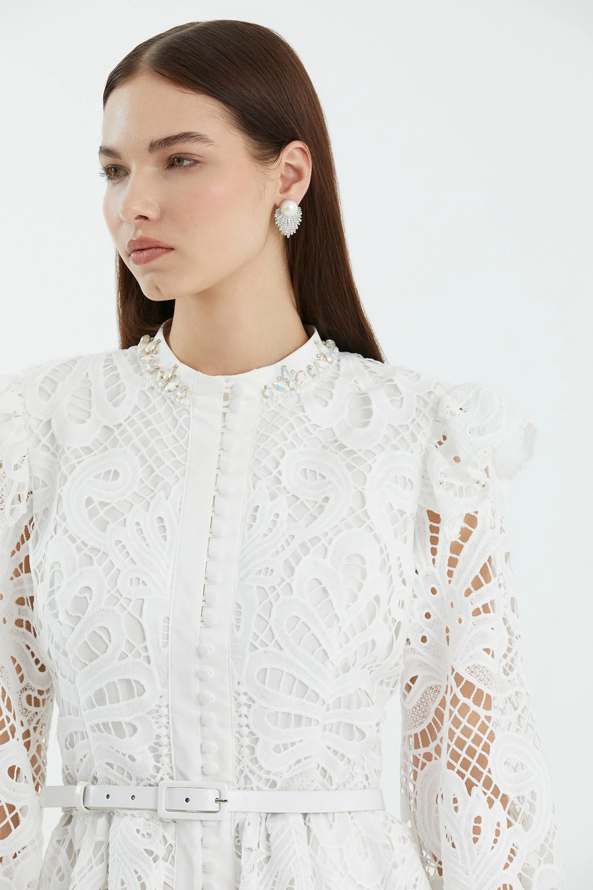 Ecru Leather-Belt Gathered Sleeve Midi Dress - Image 2