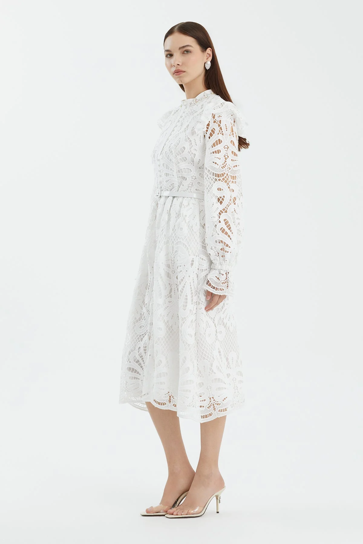 Ecru Leather-Belt Gathered Sleeve Midi Dress - Image 3