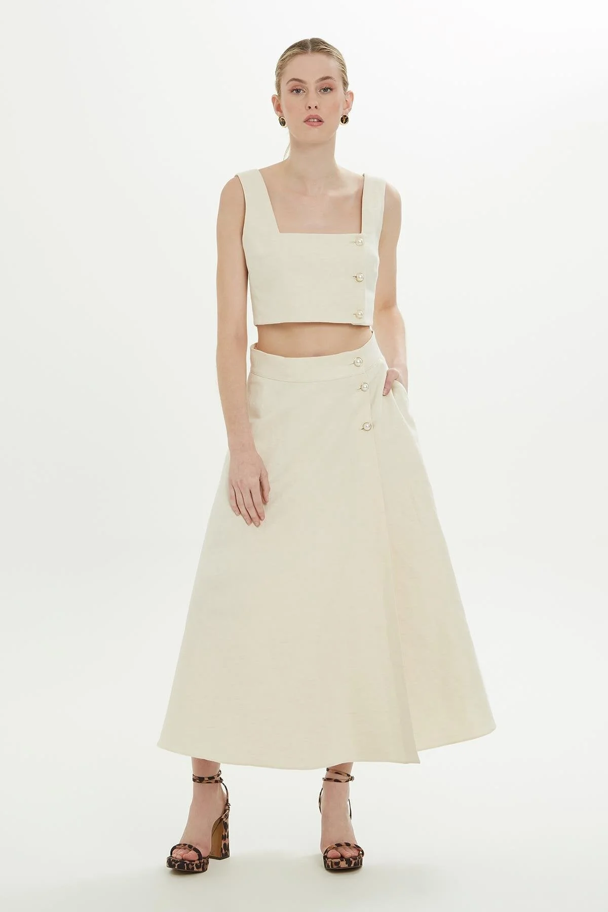 Ecru Linen-Blend Midi Skirt