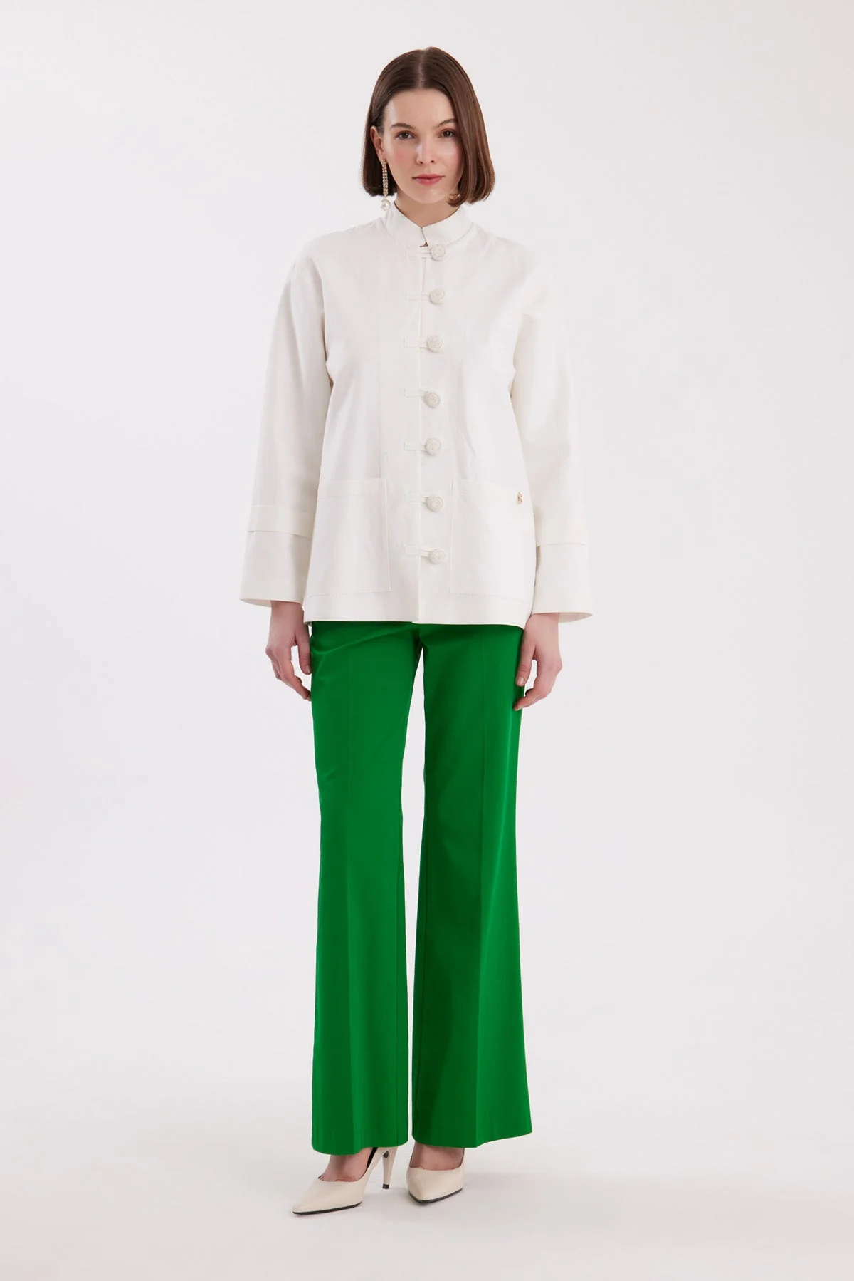 Ecru Mandarin-Collar Handmade Buttoned Blazer