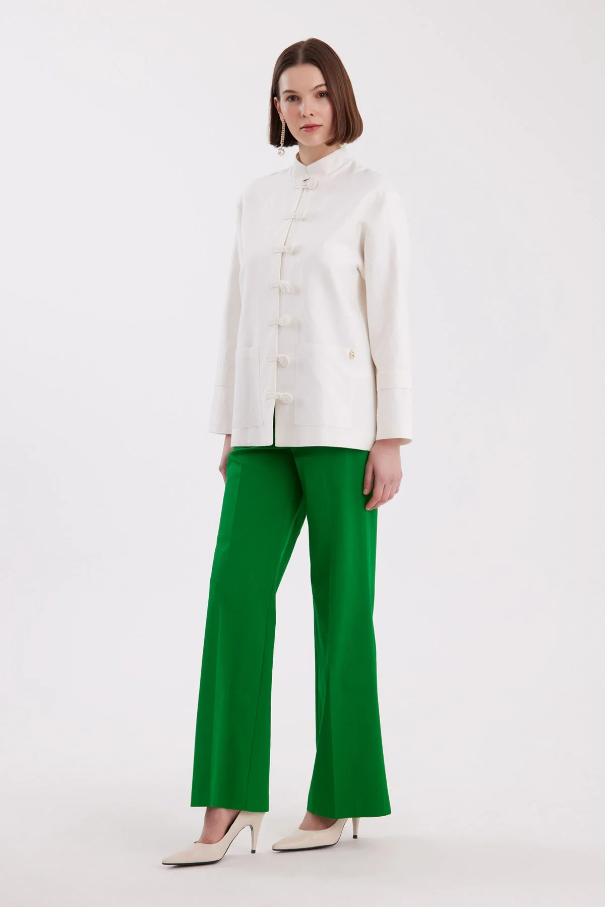 Ecru Mandarin-Collar Handmade Buttoned Blazer - Image 3