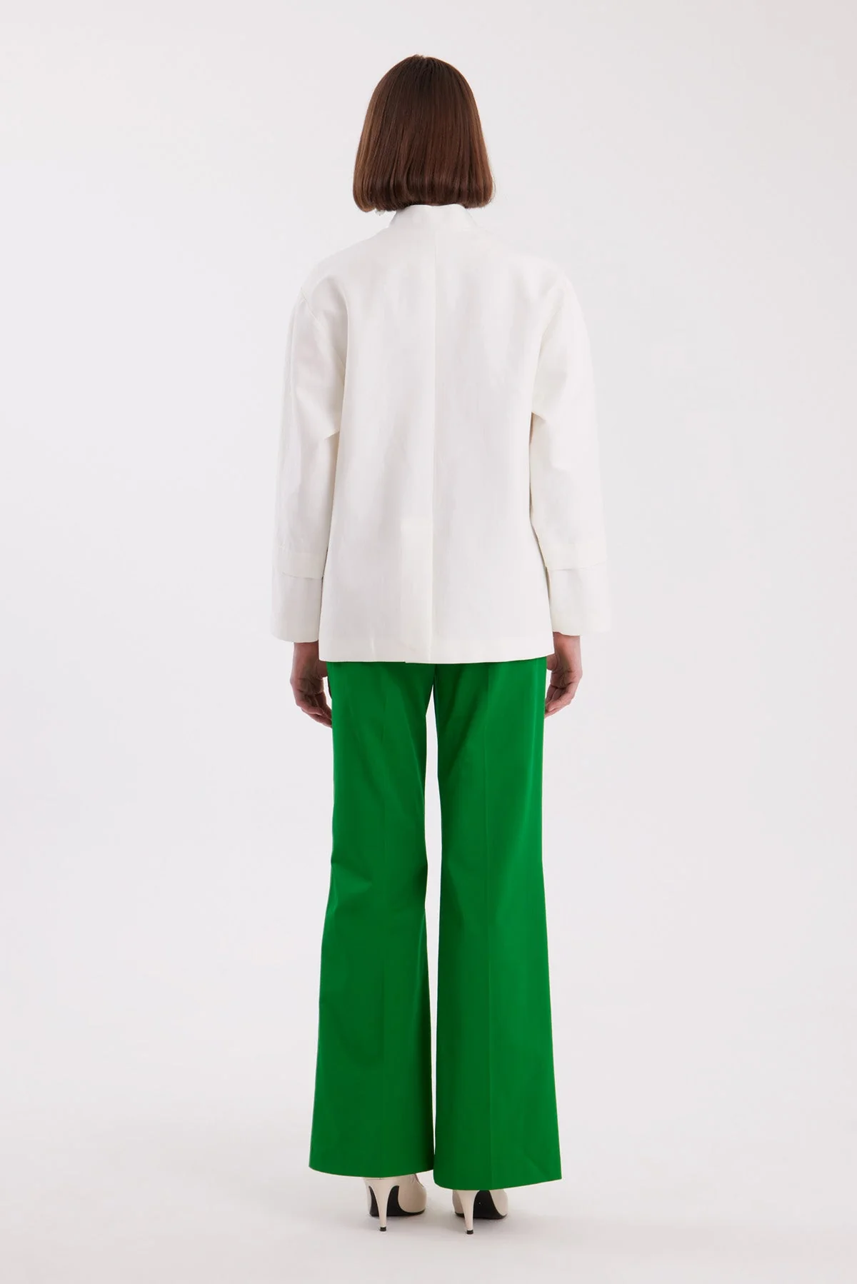 Ecru Mandarin-Collar Handmade Buttoned Blazer - Image 4