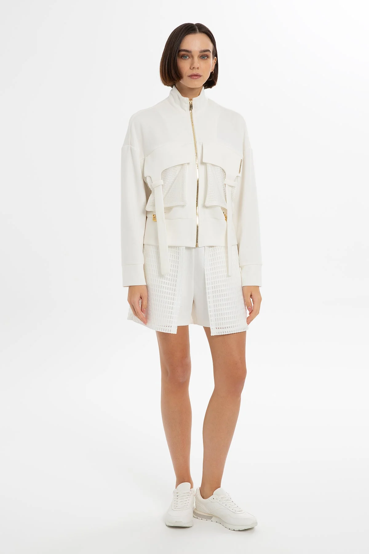 Ecru Mesh-Detail Cropped Sweatshirt