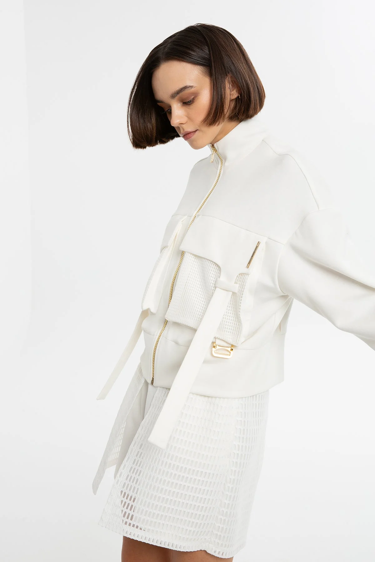 Ecru Mesh-Detail Cropped Sweatshirt - Image 3