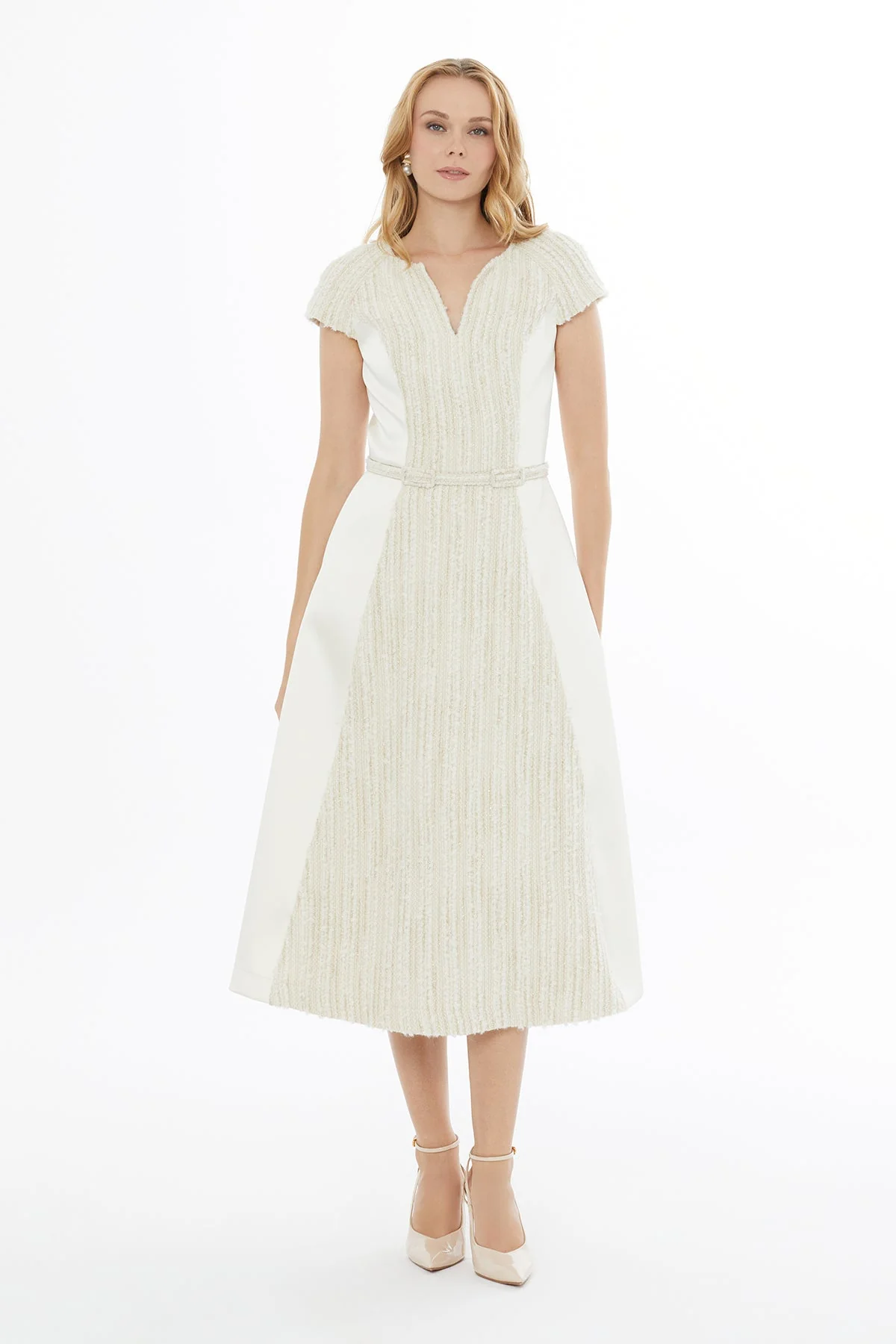 Ecru Midi Dress with Belt Detail