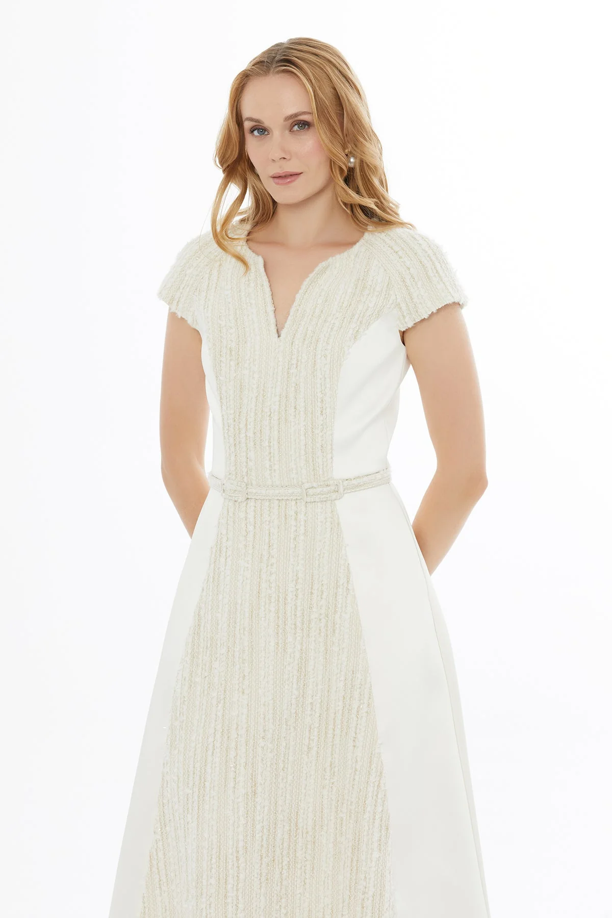 Ecru Midi Dress with Belt Detail - Image 3