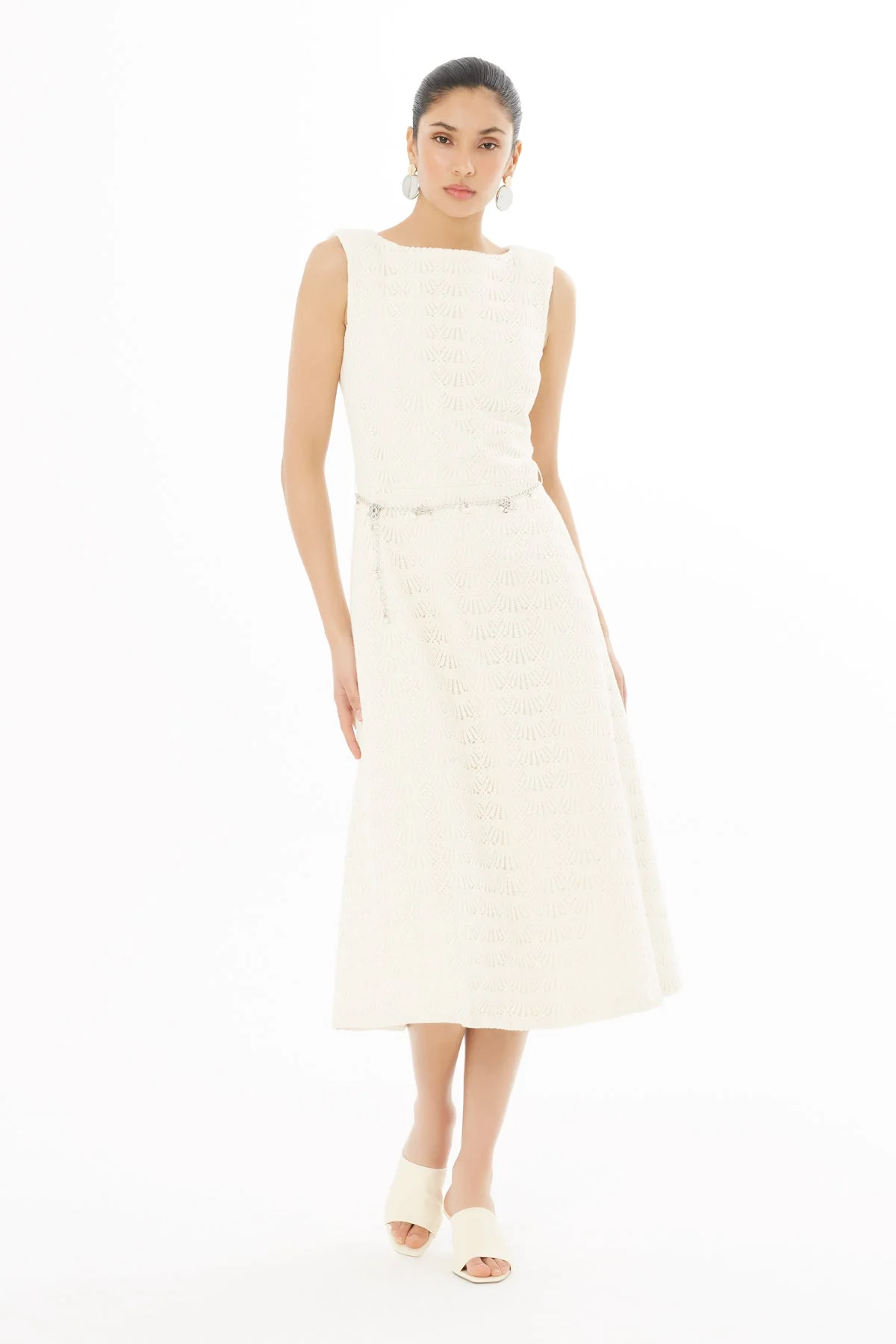 Ecru Midi Dress with Chain Belt