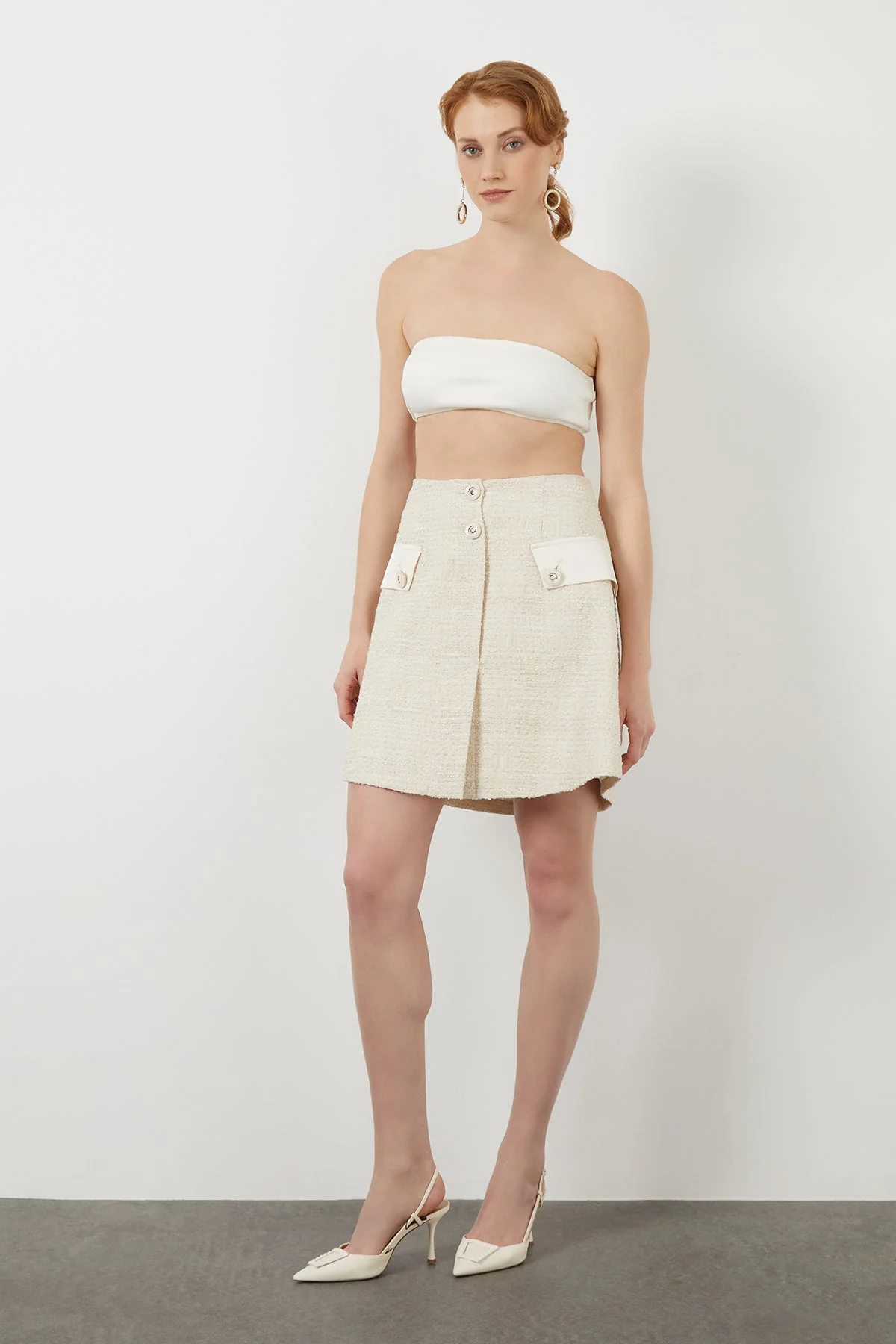 Ecru Mini Button Detail Skirt - Image 2