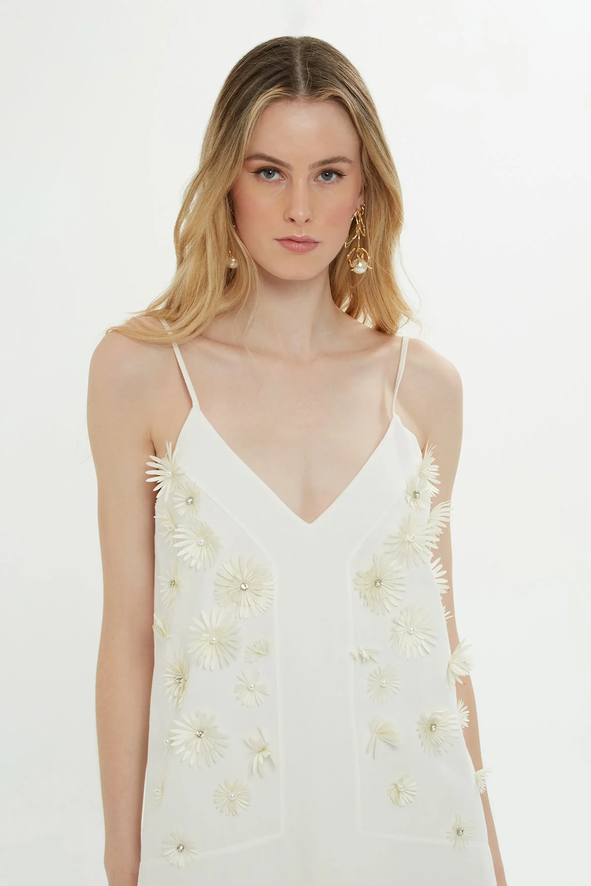 Ecru Mini Dress with Floral Detail - Image 3