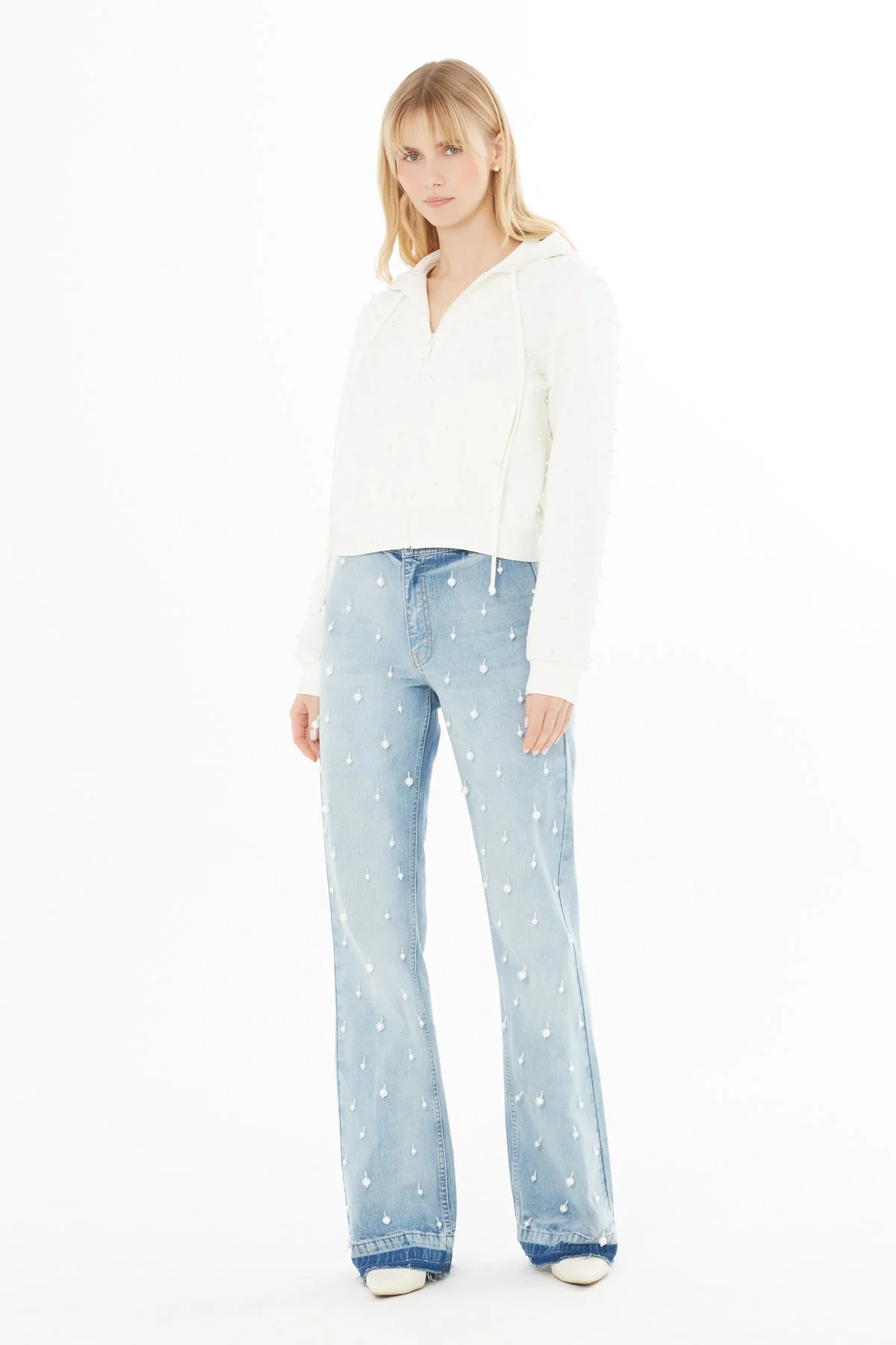 Ecru Pearl-Detail Sweatshirt