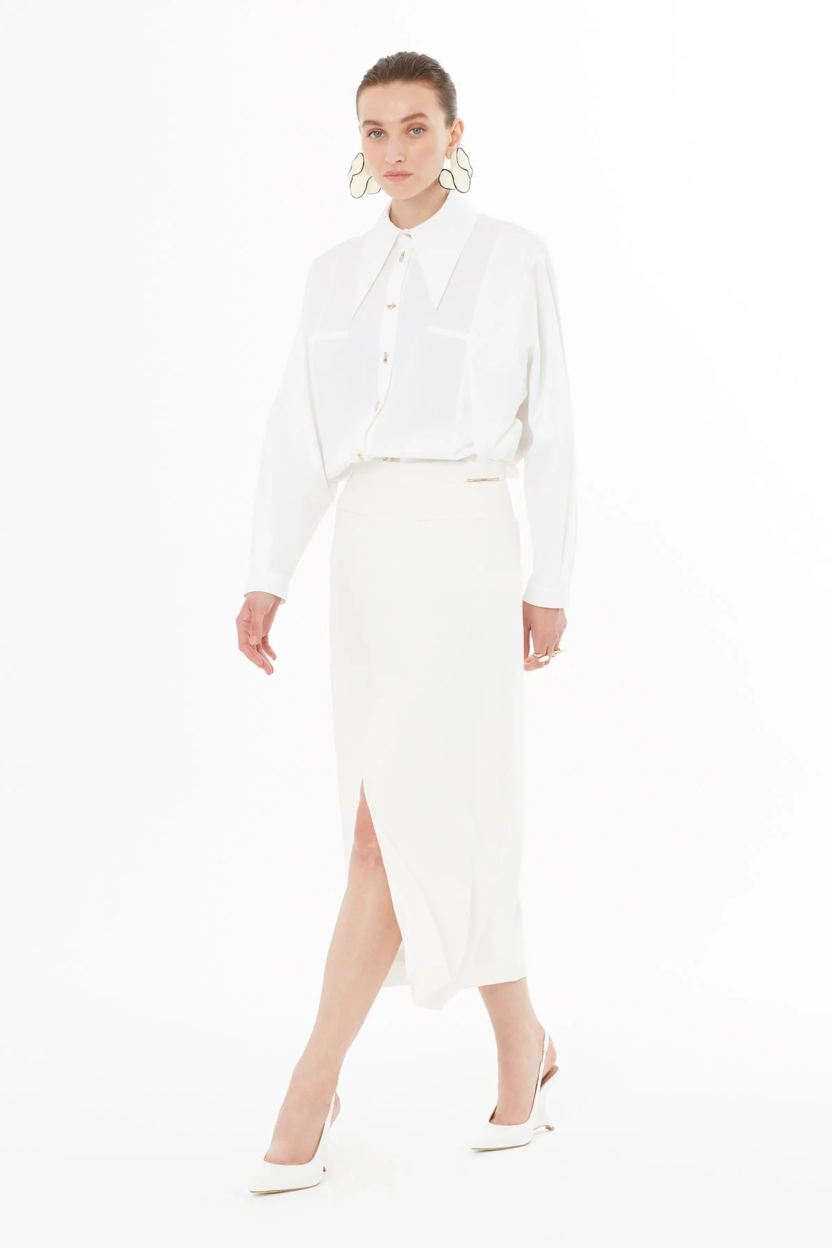Ecru Pencil Skirt with Slit Detail