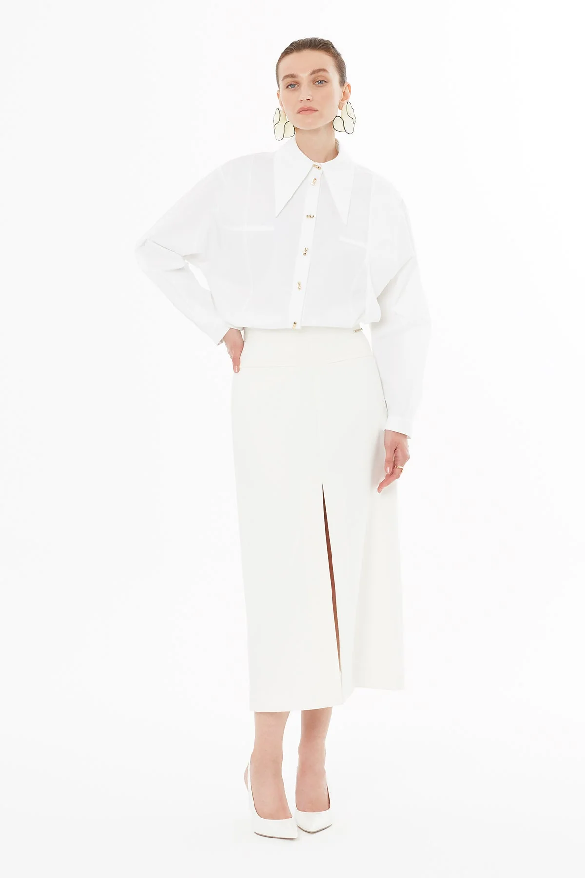 Ecru Pencil Skirt with Slit Detail - Image 2