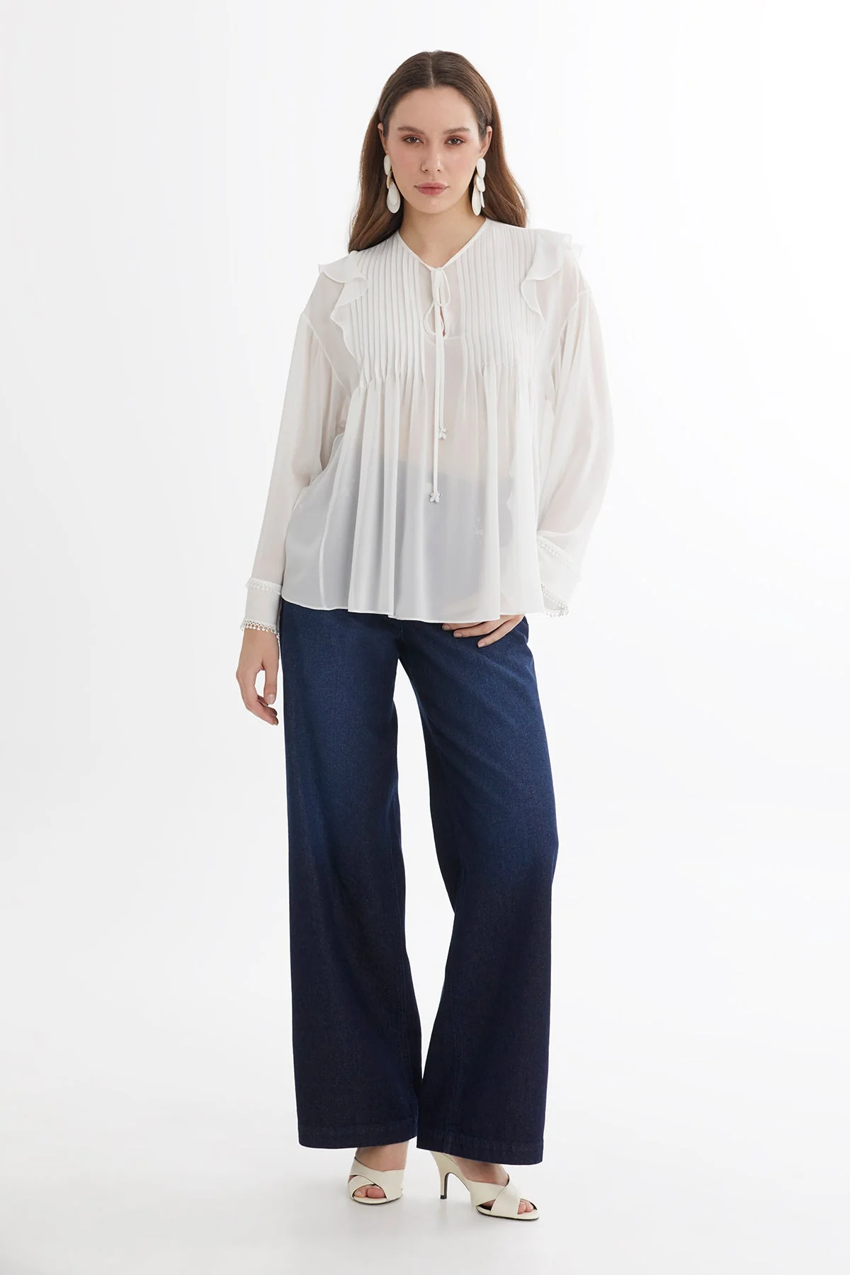 Ecru Pintuck Detail Sheer Blouse