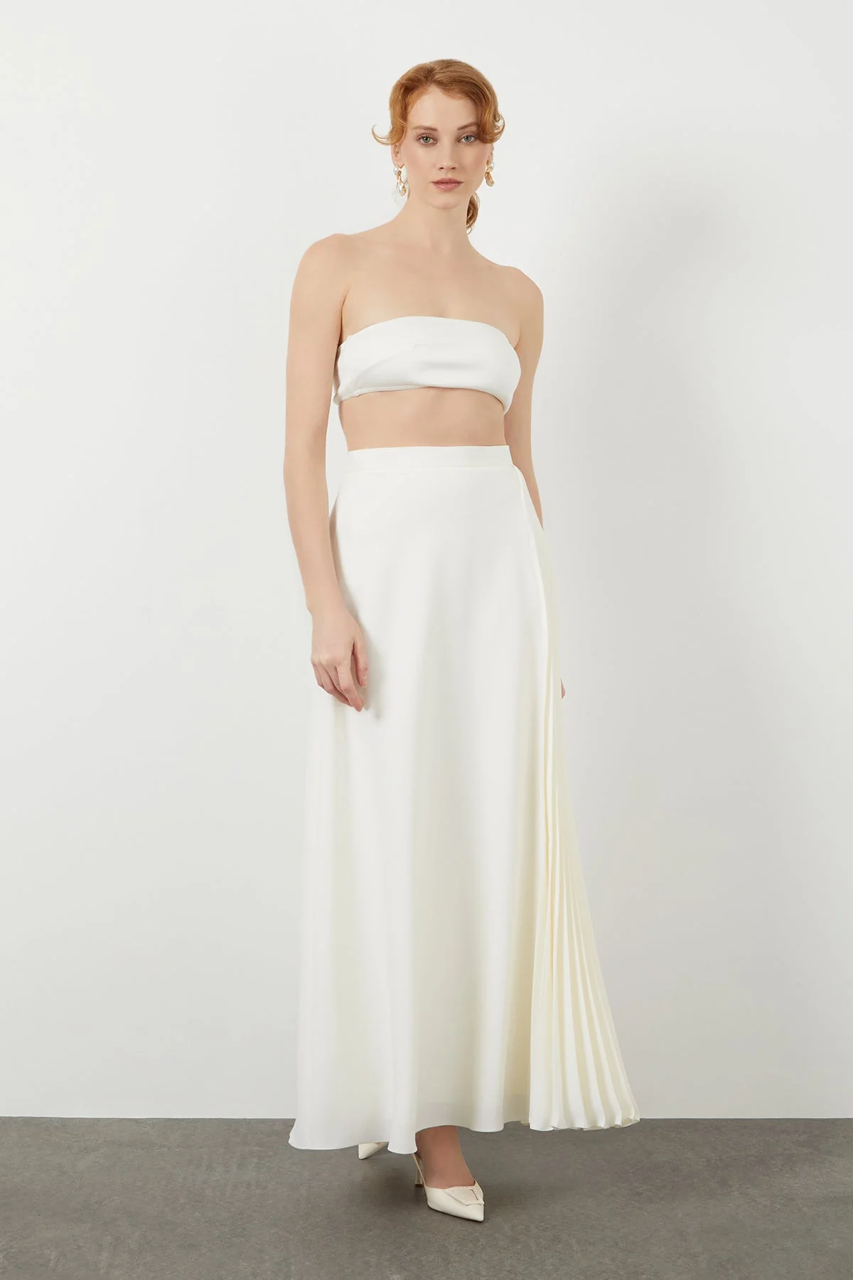 Ecru Pleat-Detail Maxi Skirt