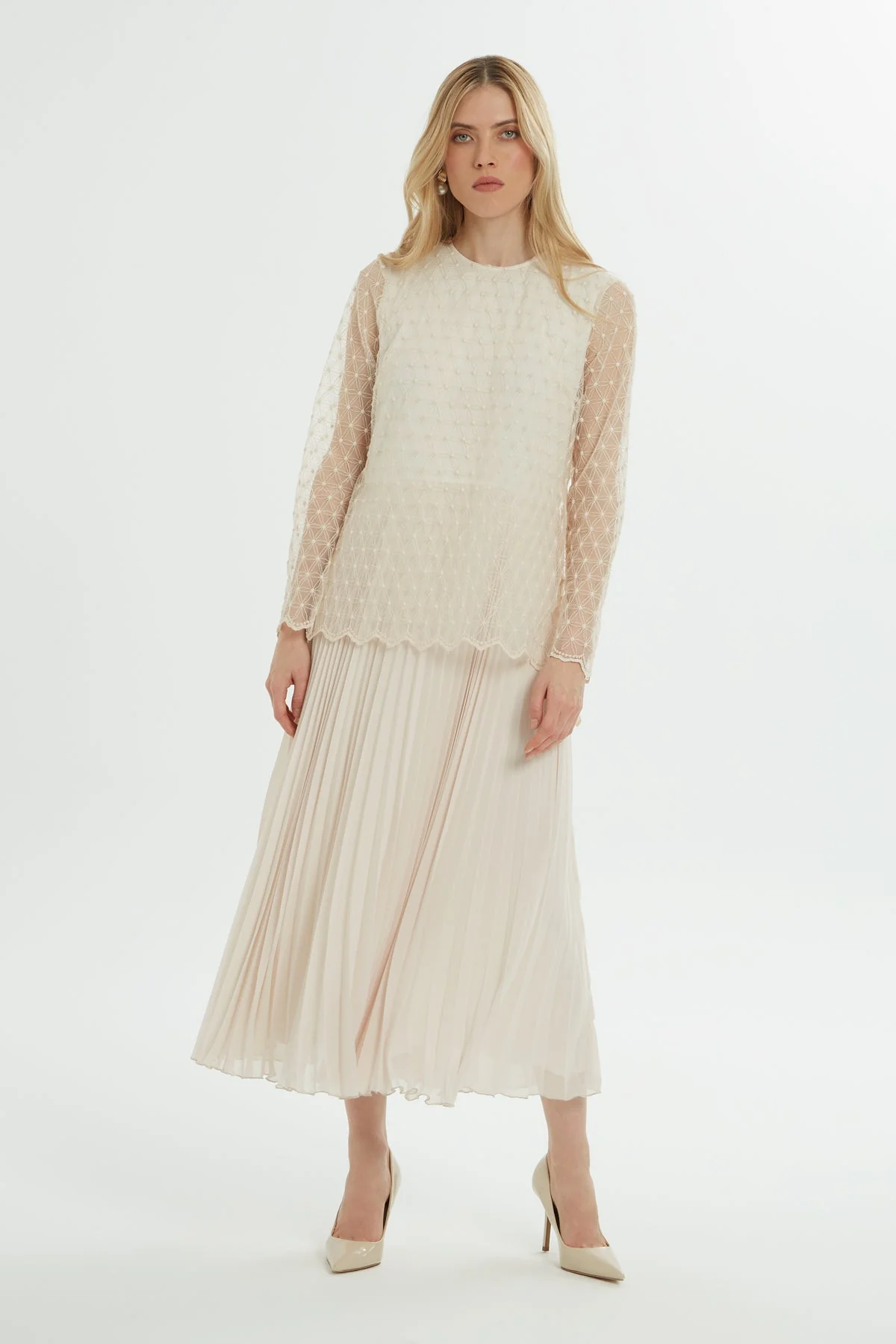 Ecru Pleated Dress with Tulle Detail