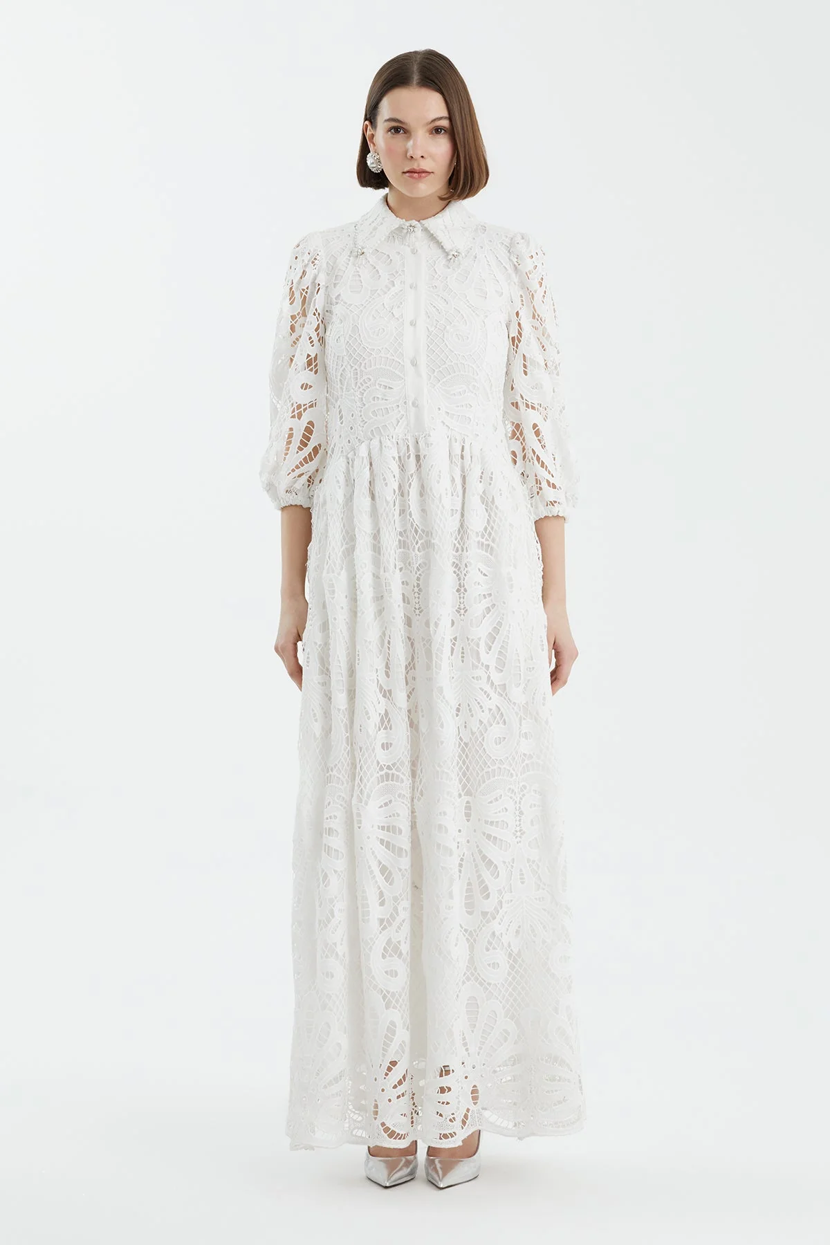 Ecru Puff Sleeve Embroidered Dress