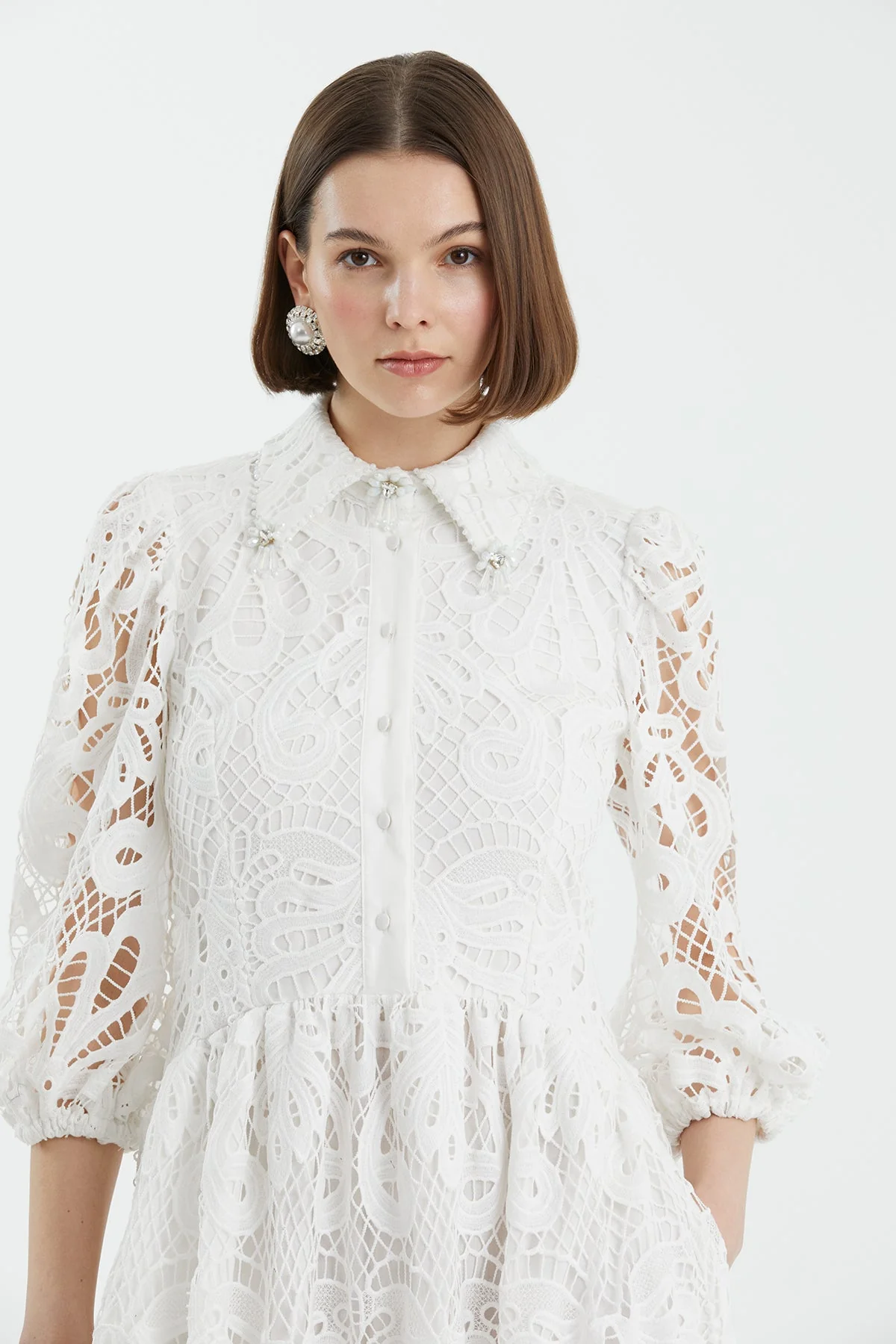 Ecru Puff Sleeve Embroidered Dress - Image 2