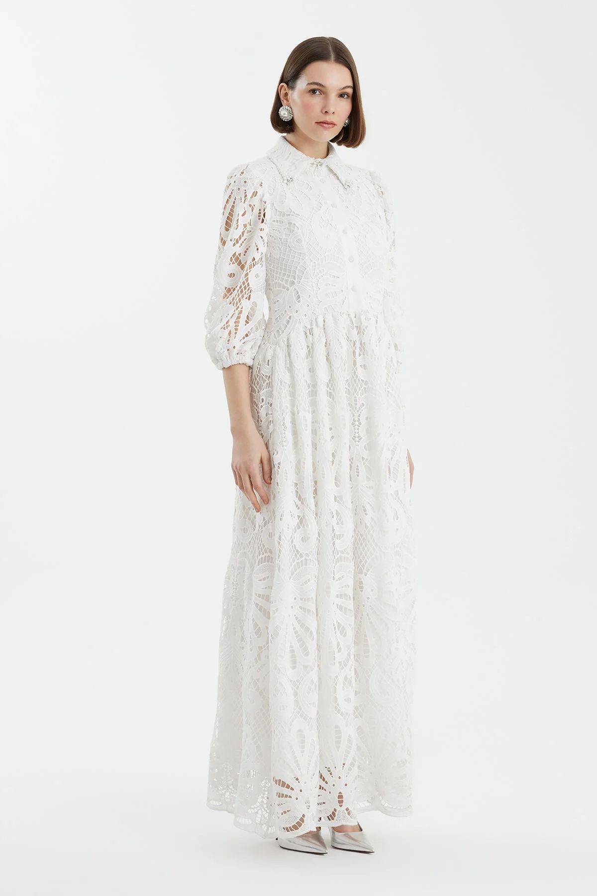 Ecru Puff Sleeve Embroidered Dress - Image 3
