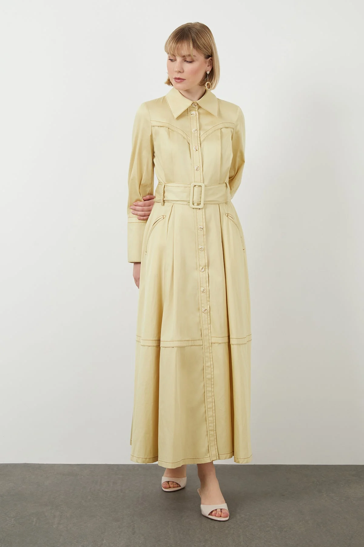 Ecru Sash-Detail Cotton Midi Dress
