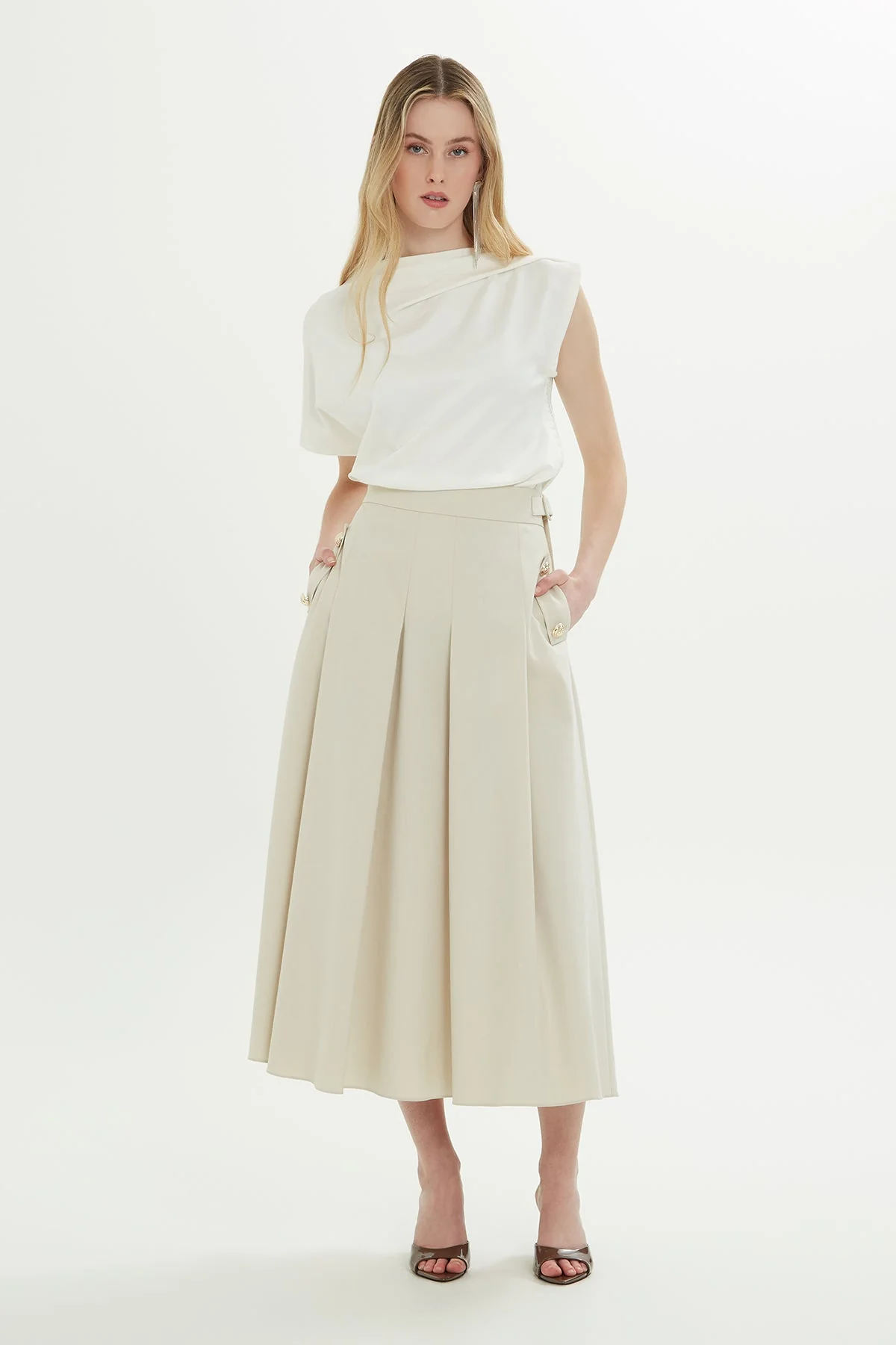 Ecru Sash-Detail Midi Skirt