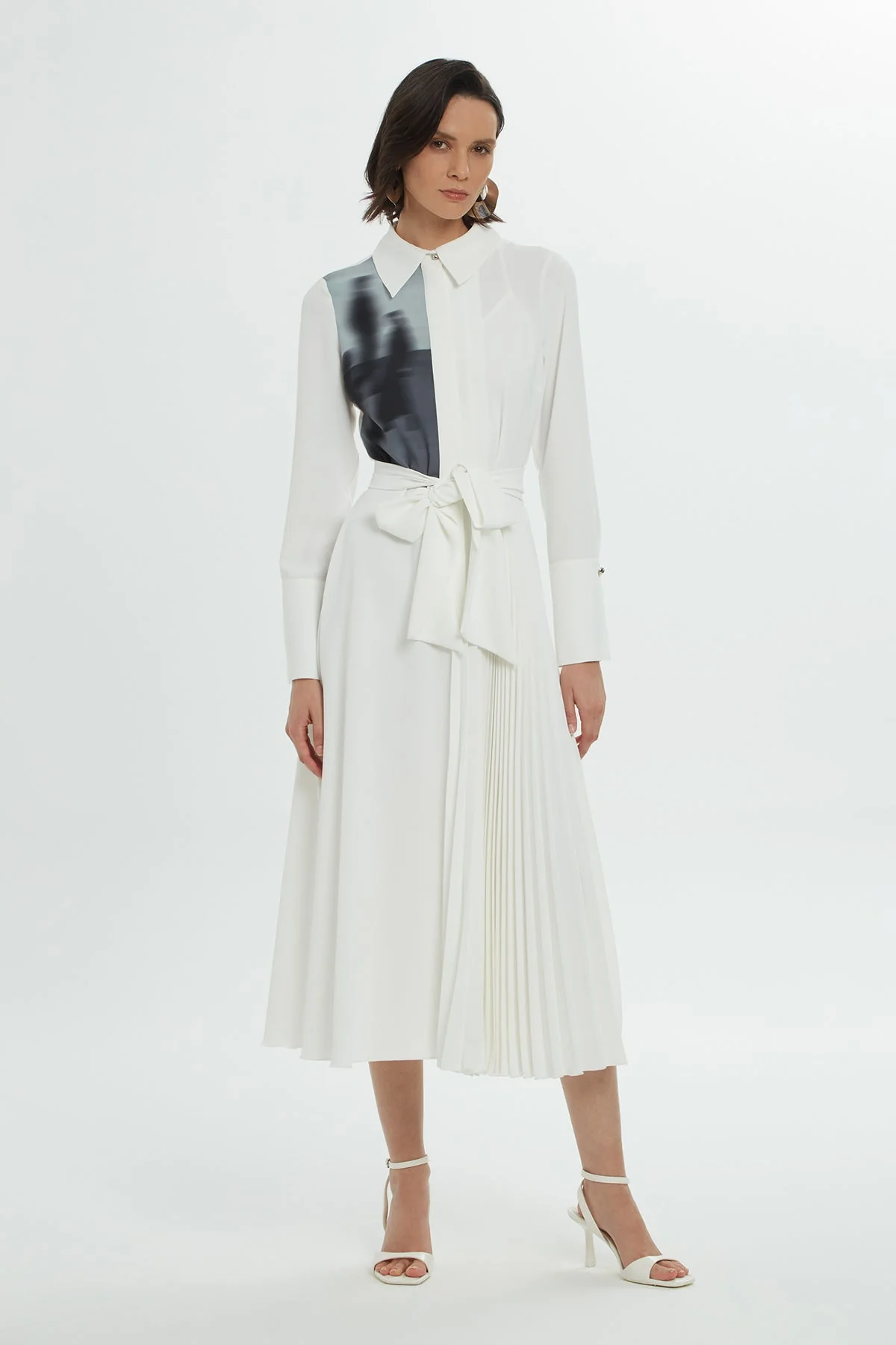 Ecru Sash-Detail Patterned Midi Dress