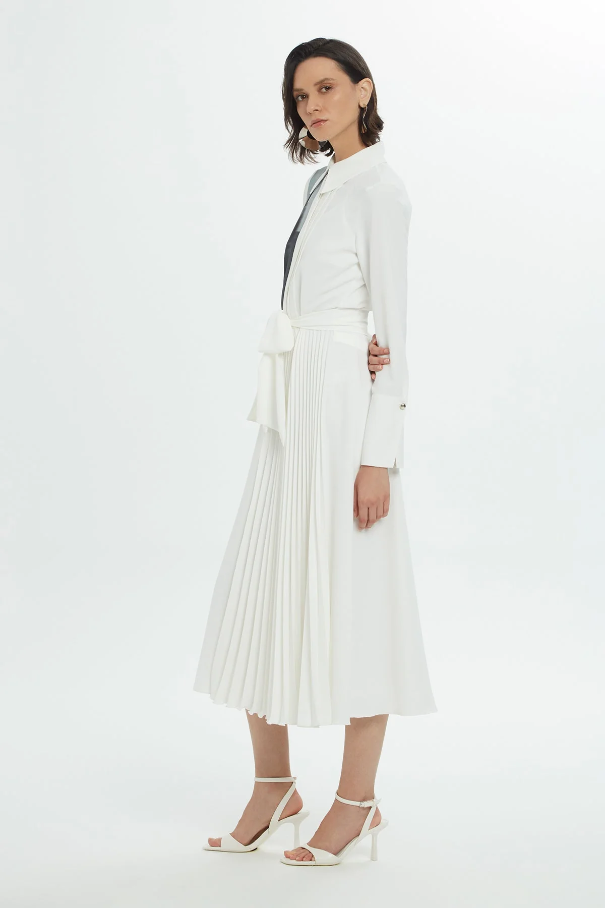 Ecru Sash-Detail Patterned Midi Dress - Image 3