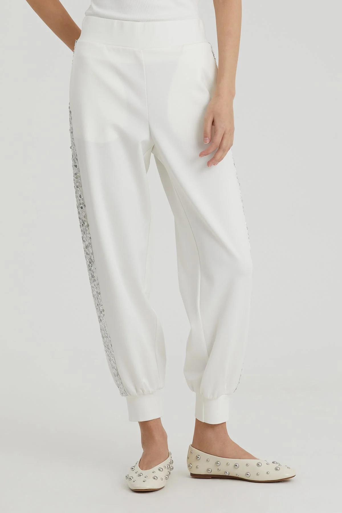 Ecru Sequin Cuff Gathered Joggers - Image 2