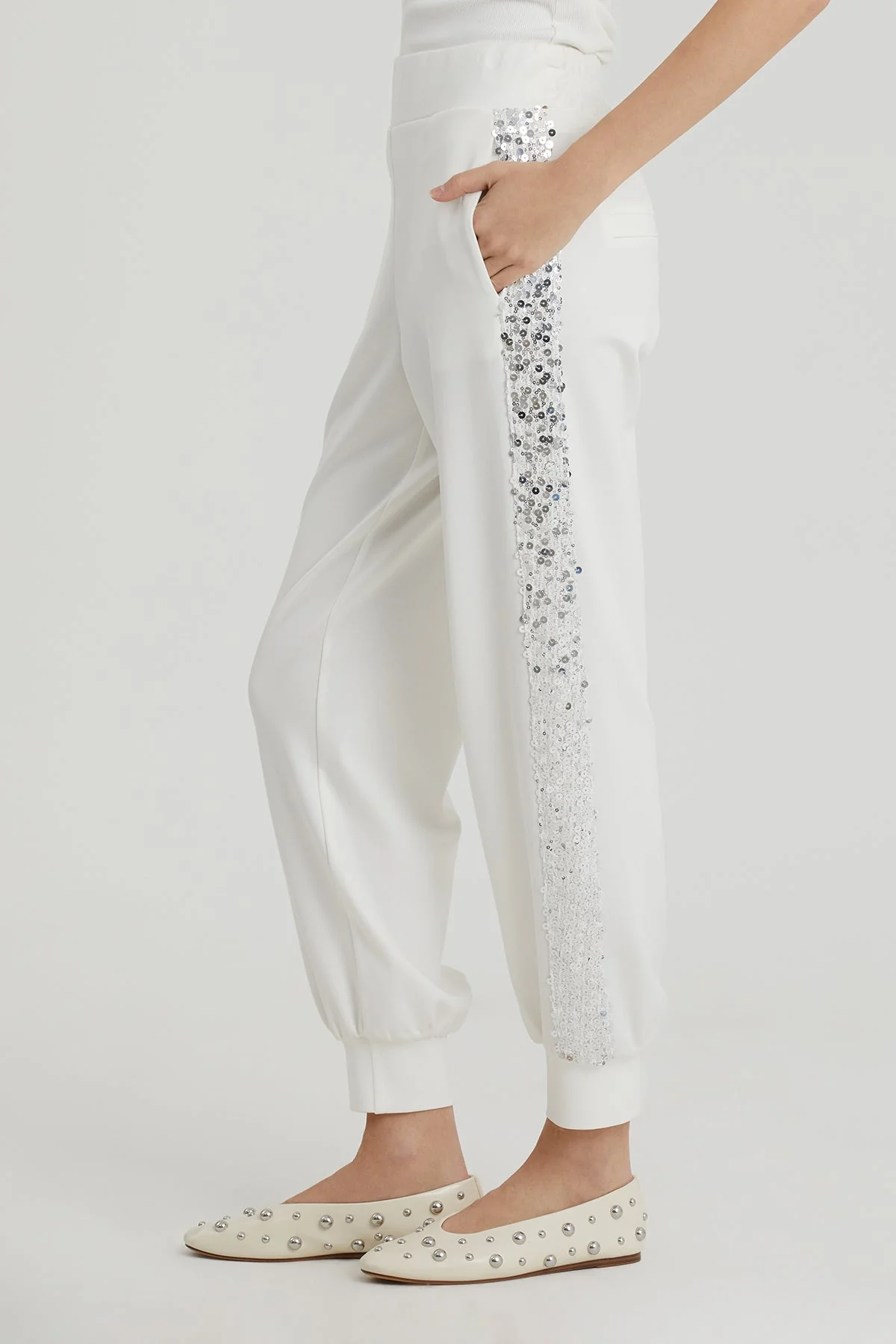 Ecru Sequin Cuff Gathered Joggers - Image 3