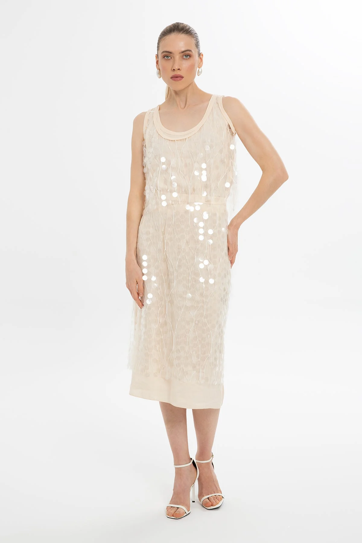Ecru Sequin-Detail Midi Skirt