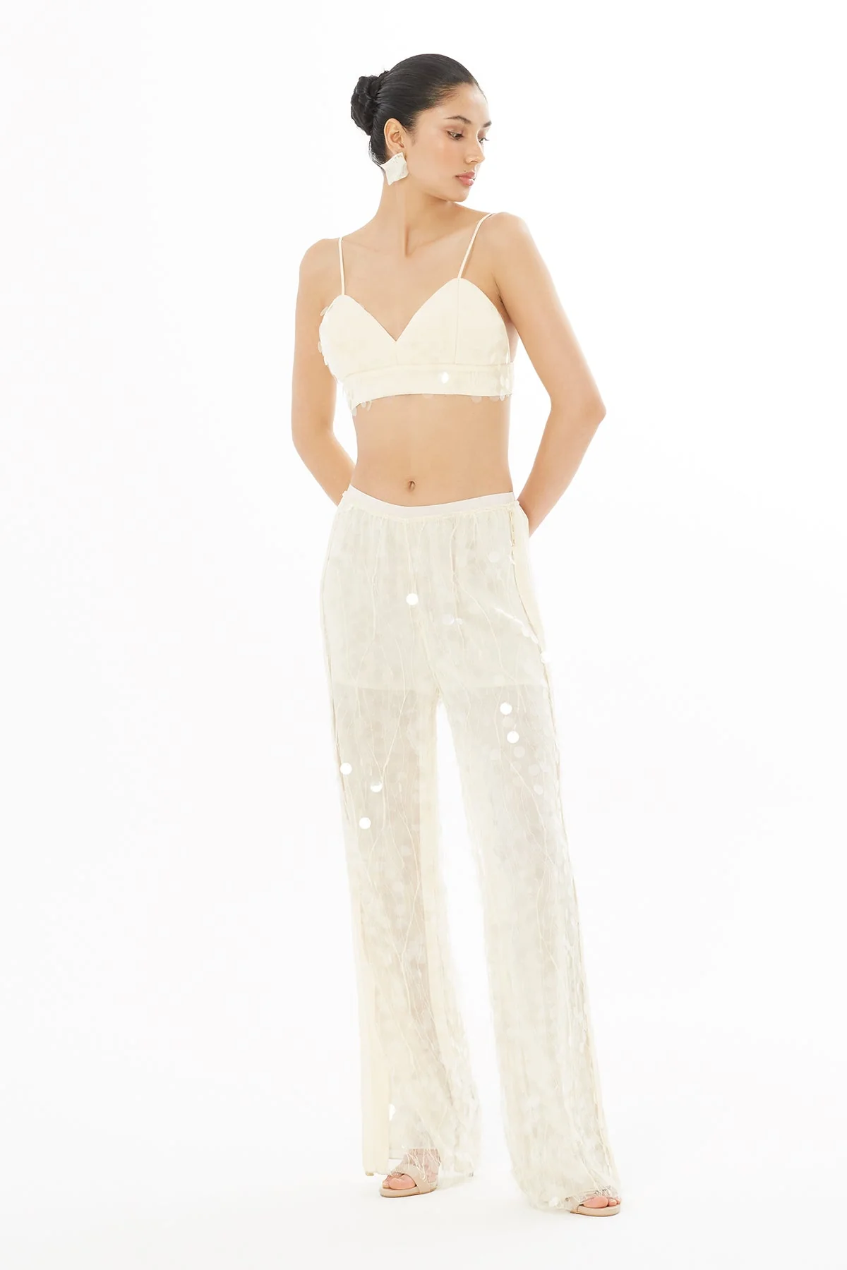 Ecru Sequin-Embellished Trousers - Image 2