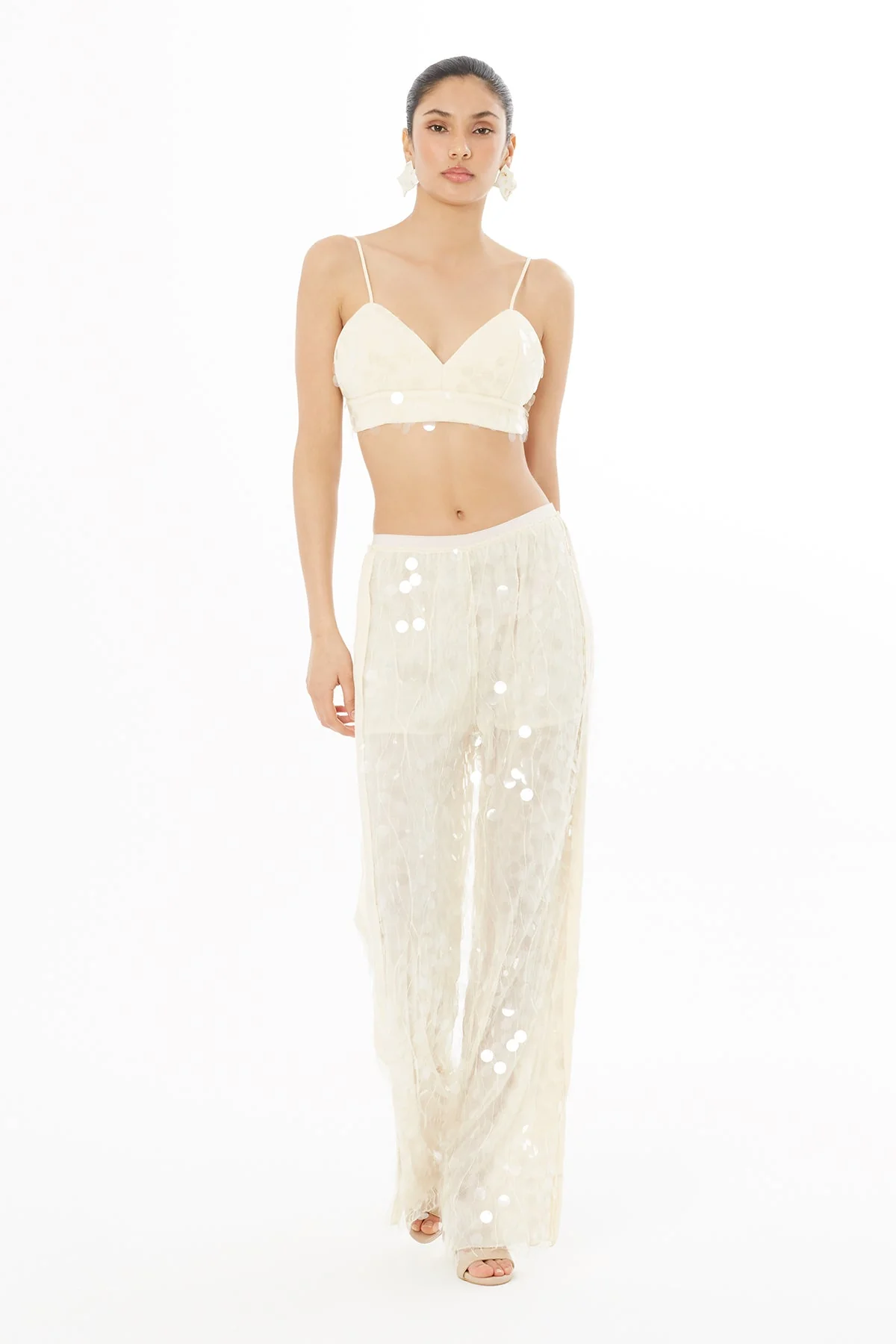 Ecru Sequin-Embellished Trousers - Image 4