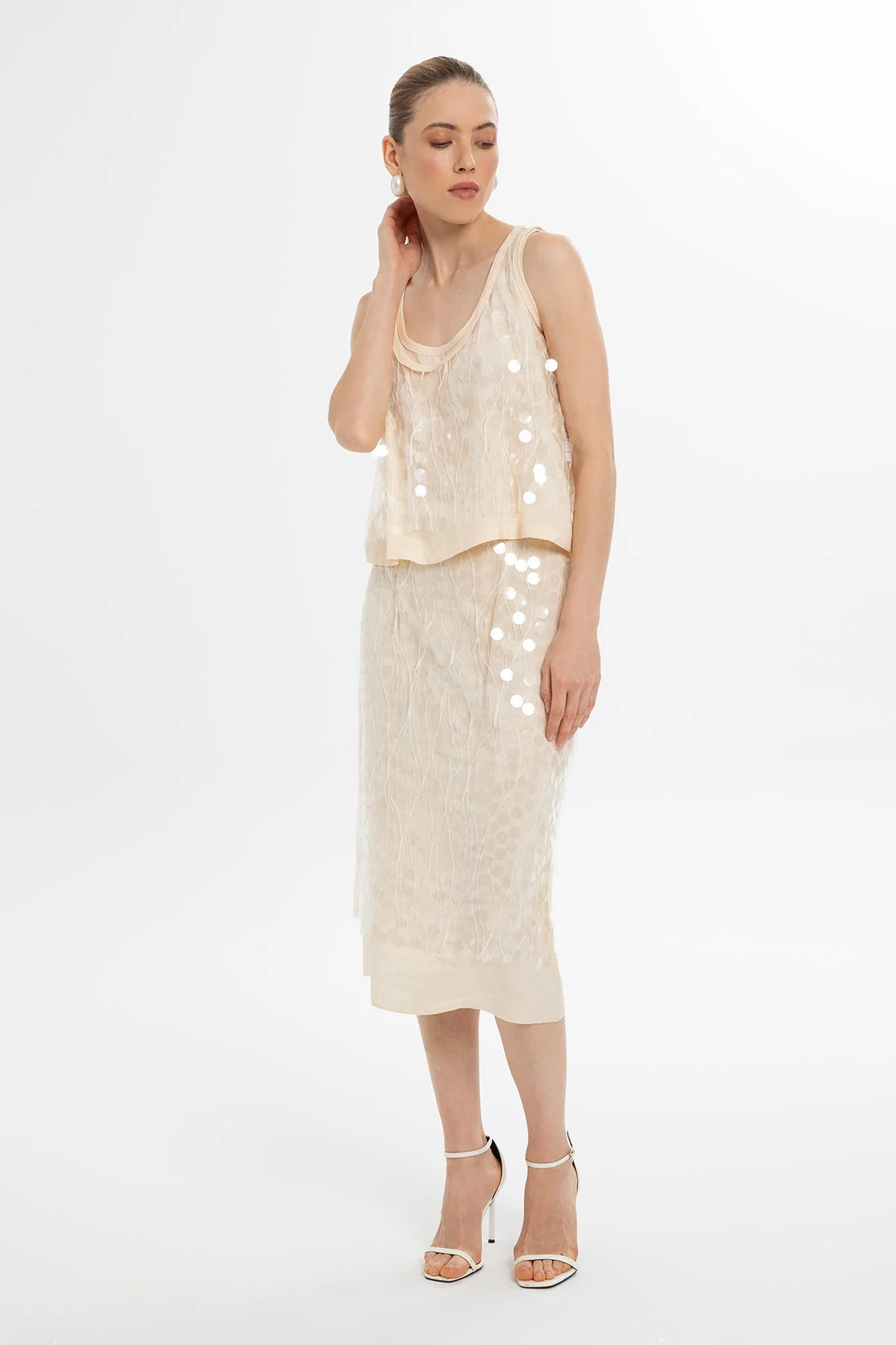 Ecru Sequined Sleeveless Blouse