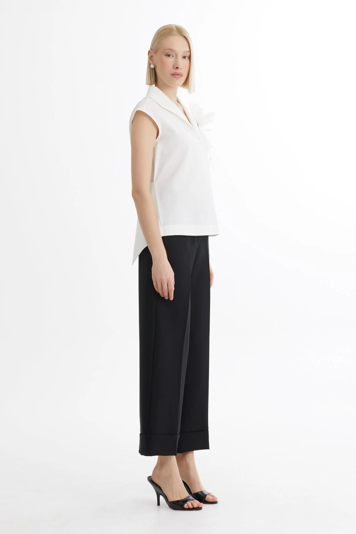 Ecru Shawl Collar Brooch Detail Blouse - Image 3