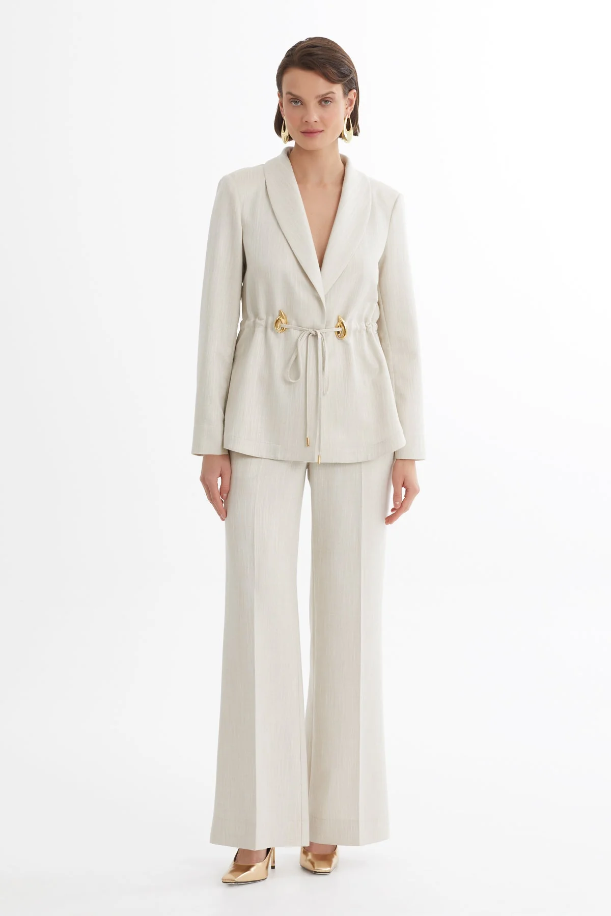 Ecru Shawl Collar Drawstring Waist Blazer and Pants Set