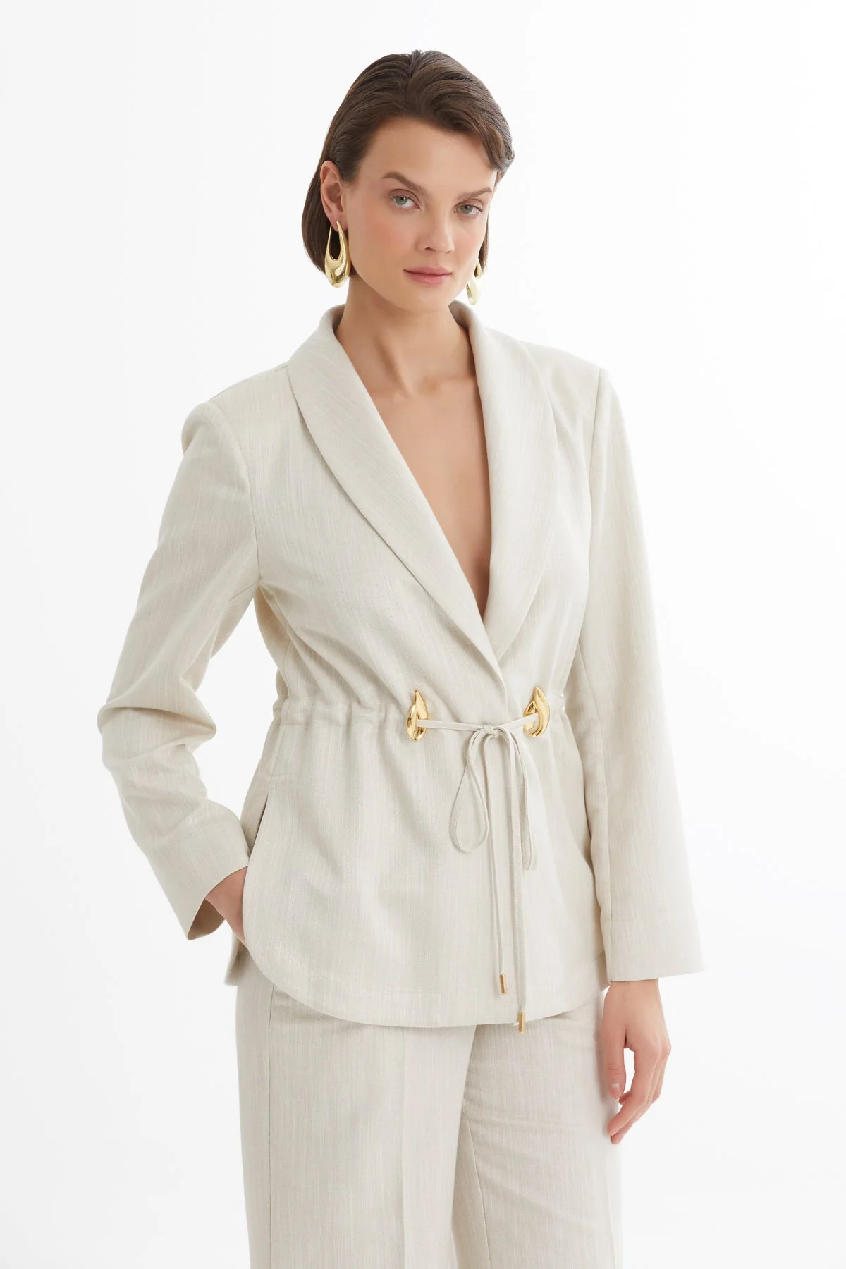 Ecru Shawl Collar Drawstring Waist Blazer and Pants Set - Image 2