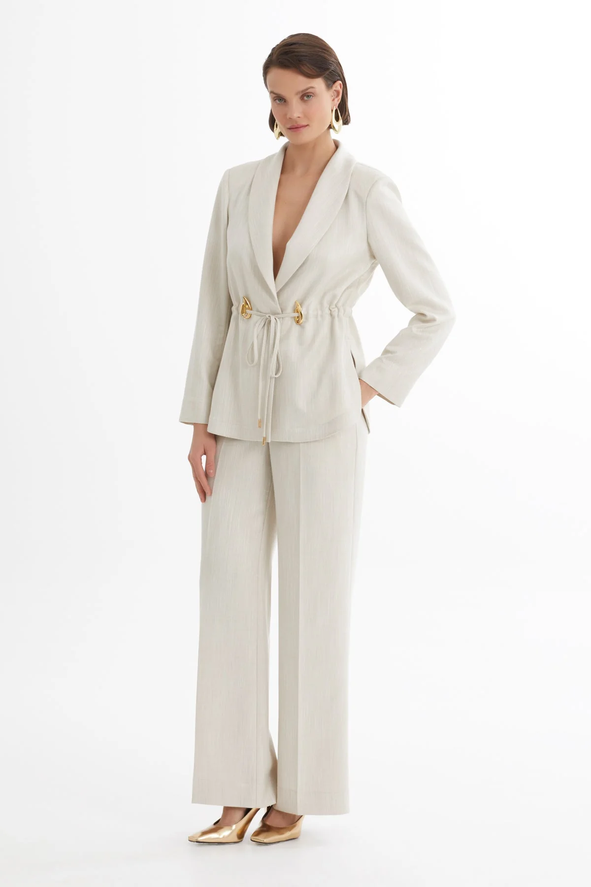 Ecru Shawl Collar Drawstring Waist Blazer and Pants Set - Image 3