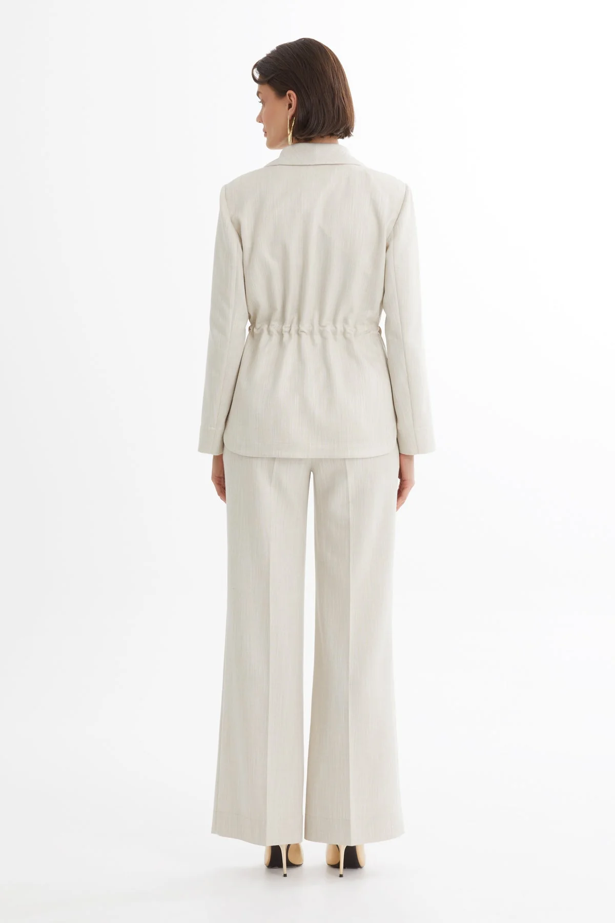 Ecru Shawl Collar Drawstring Waist Blazer and Pants Set - Image 4