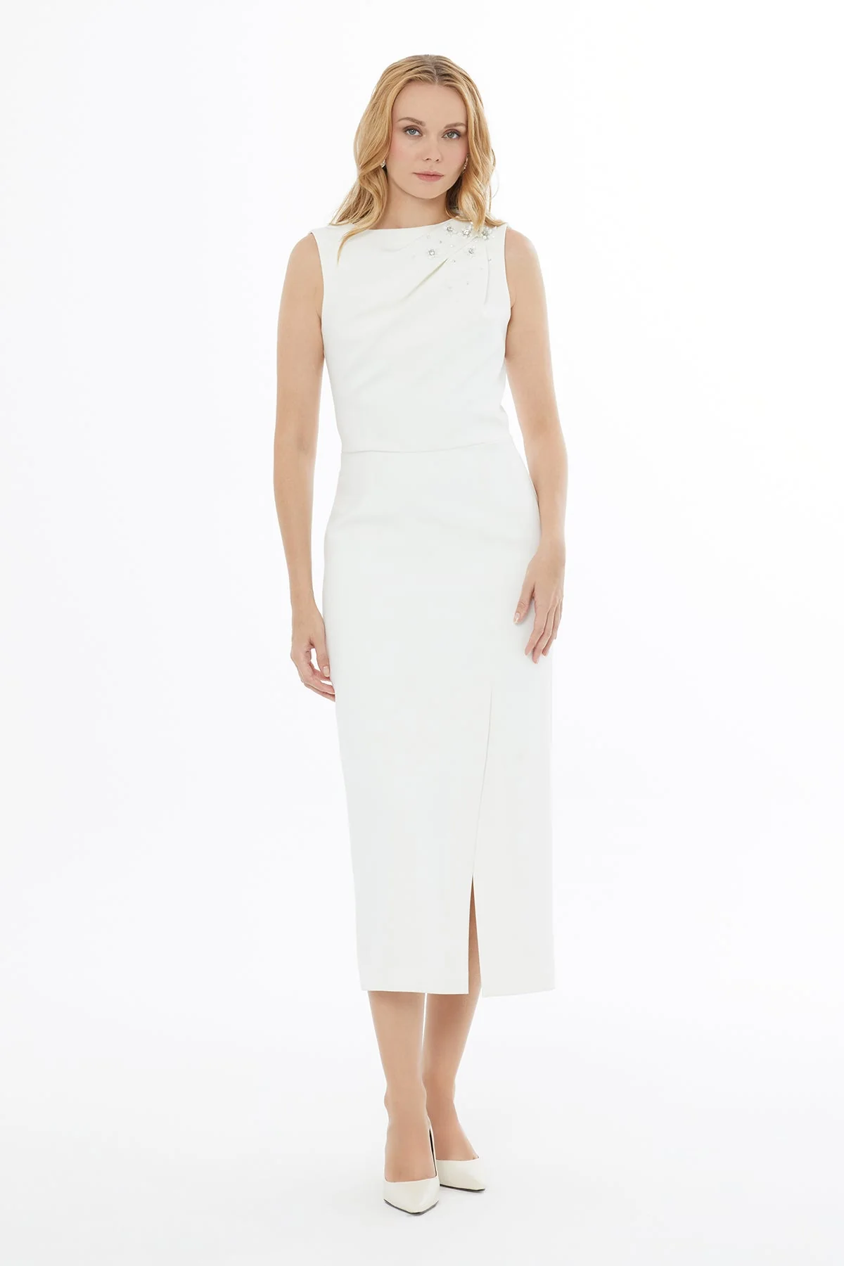 Ecru Shoulder-Drape Midi Dress - Image 4