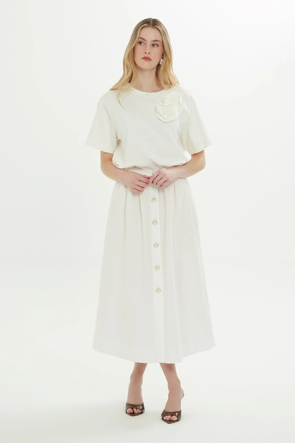 Ecru Side-Slit Midi Skirt