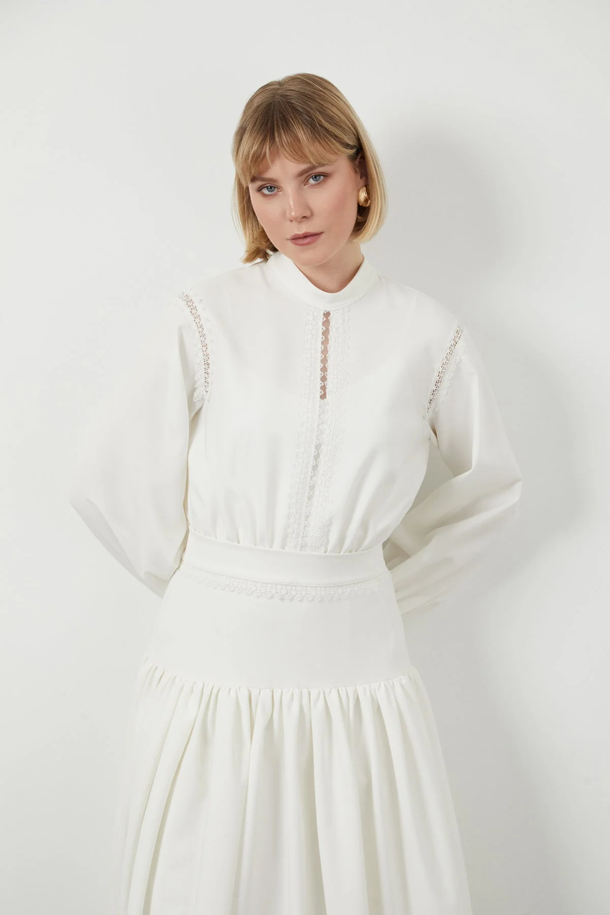 Ecru Stripe-Detail Midi Dress