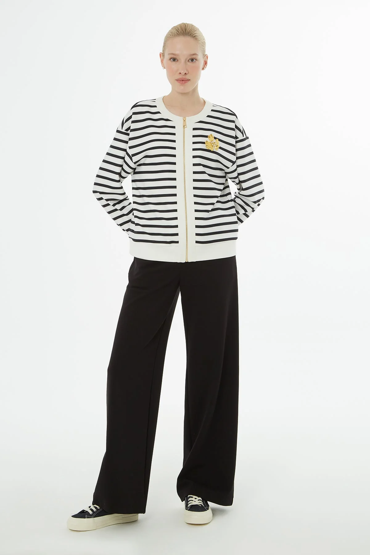 Ecru Striped Cardigan Tracksuit Set