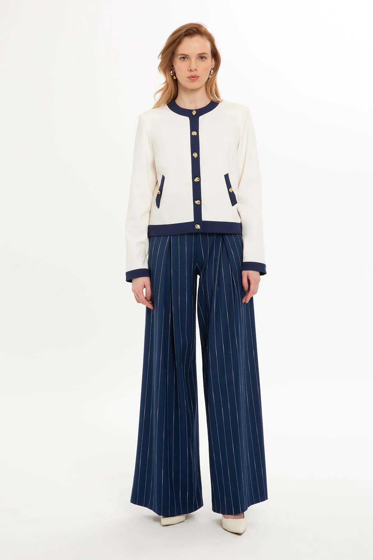 Ecru Suit with Round-Neck Jacket