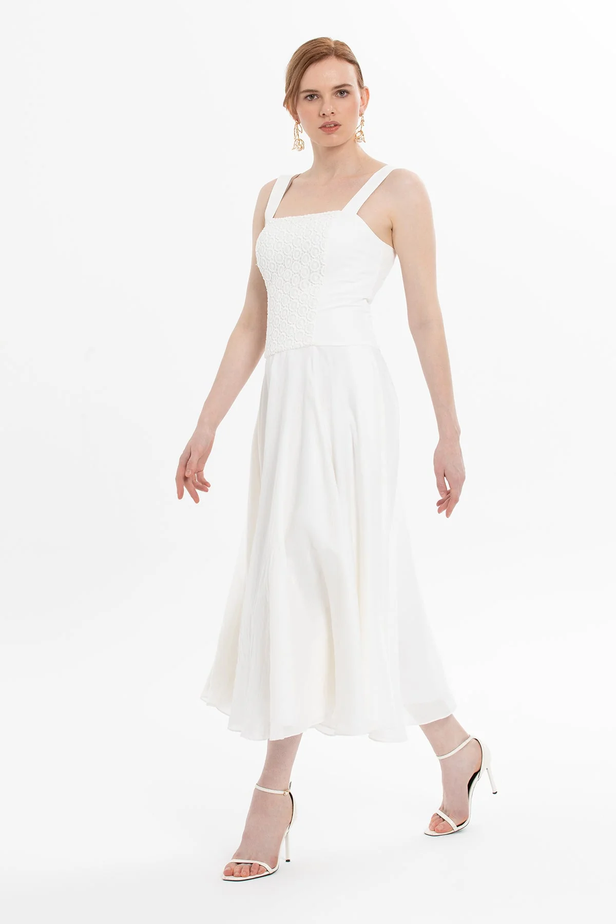 Ecru Thick-Strapped Midi Dress