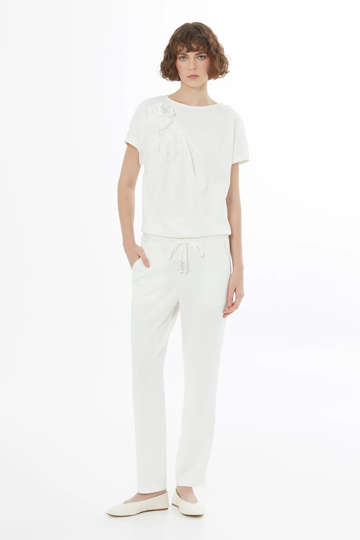 Ecru Tie Detail Straight-Leg Sweatpants